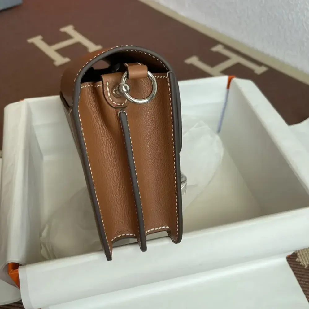 Hermes Roulis Mini Bag in Evercolor Calfskin for Women in Brown/Silver Hermes Roulis Mini Bag in Evercolor Calfskin for Women in Brown/Silver