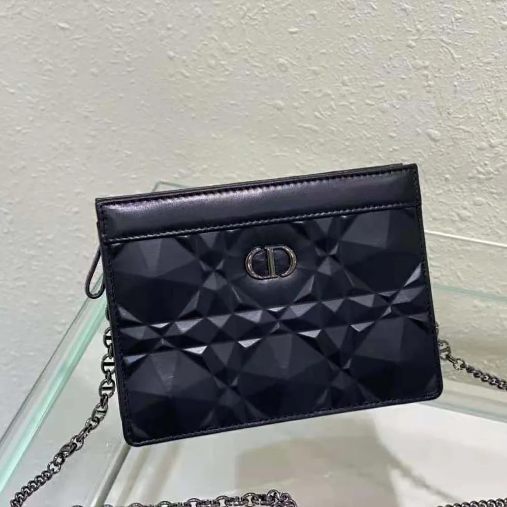 Dior Caro Zipped Pouch with Chain Black Macrocannage Calfskin with Diamond Motif for Women