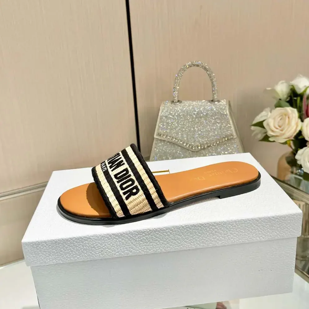 Dior Dway Slide Natural Raffia and Black Embroidered Cotton for Women