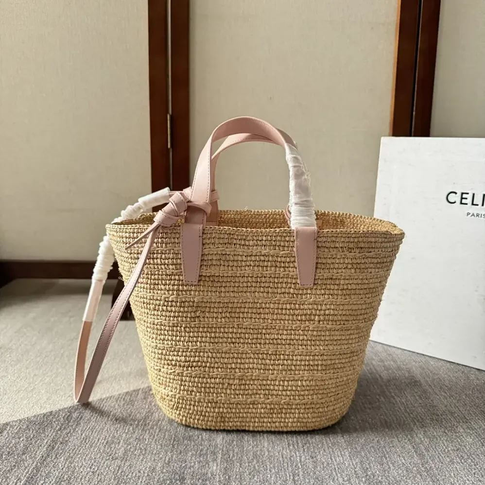 Celine Teen Supple Celine Classic Panier in Raffia and Calfskin for Women in Pink Celine Teen Supple Celine Classic Panier in Raffia and Calfskin for Women in Pink