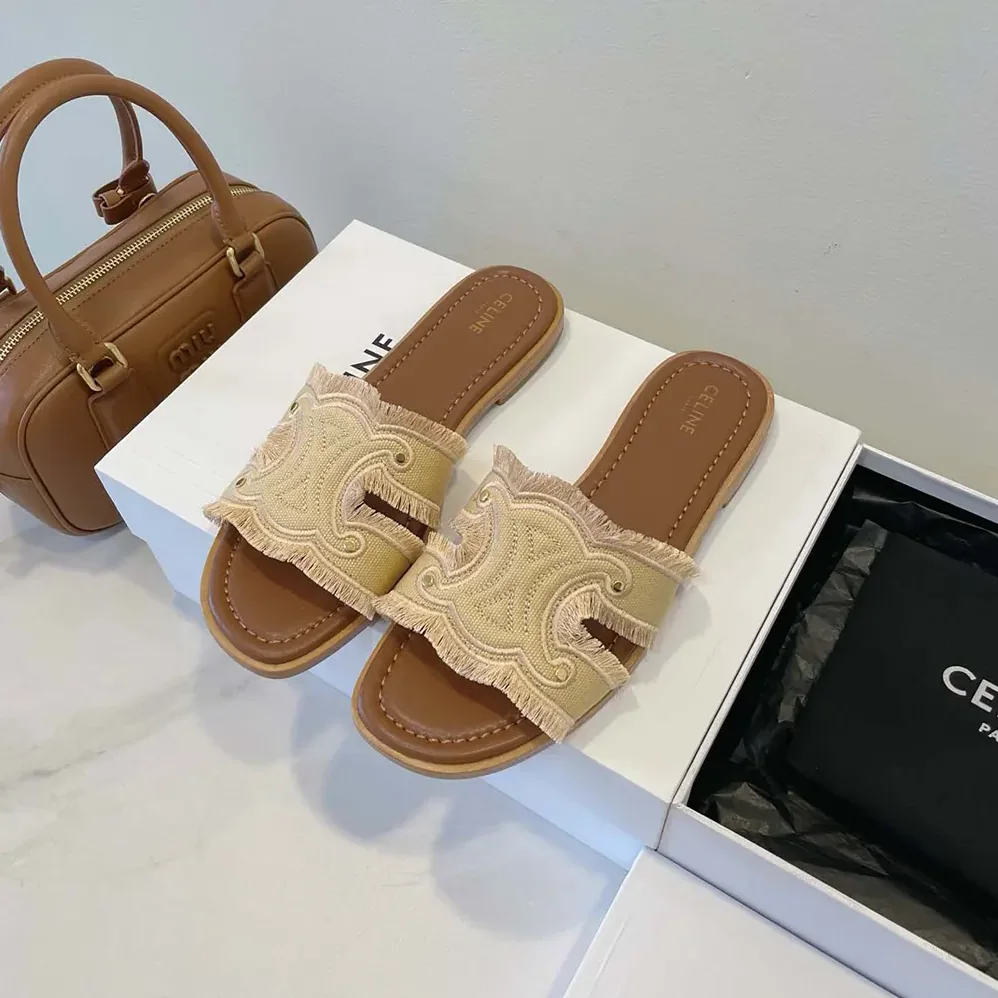 Celine Marina Fringed Mule in Cotton for Women in Beige