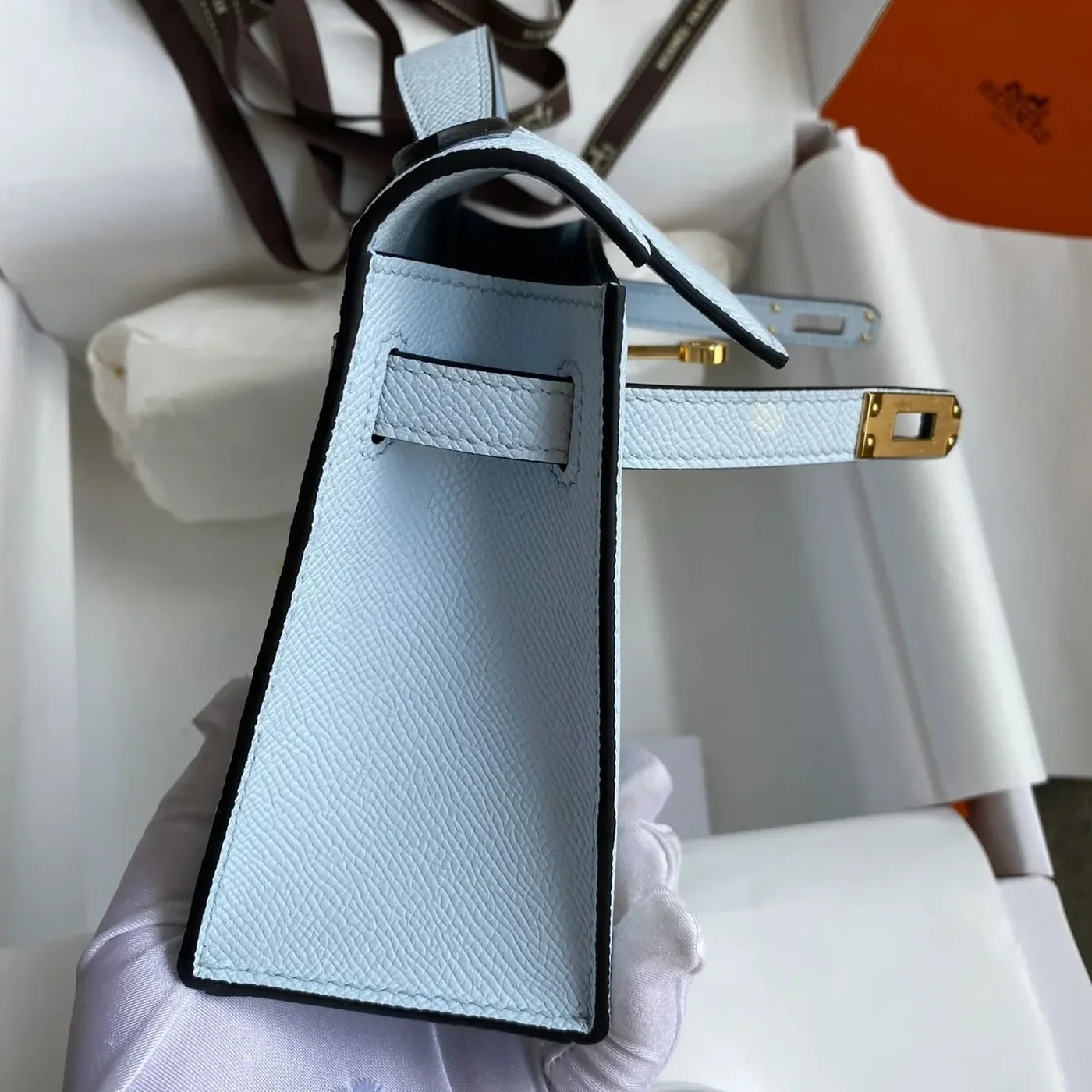Hermes Kelly Pochette Top Handle Bag / Sky Blue Epsom Gold Hardware