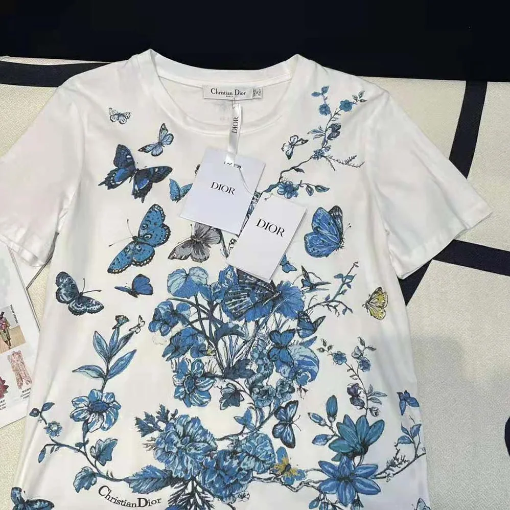 Dior T-Shirt White Cotton Jersey with Pastel Midnight Blue Toile de Jouy Mexico Motif for Women Dior T-Shirt White Cotton Jersey with Pastel Midnight Blue Toile de Jouy Mexico Motif for Women
