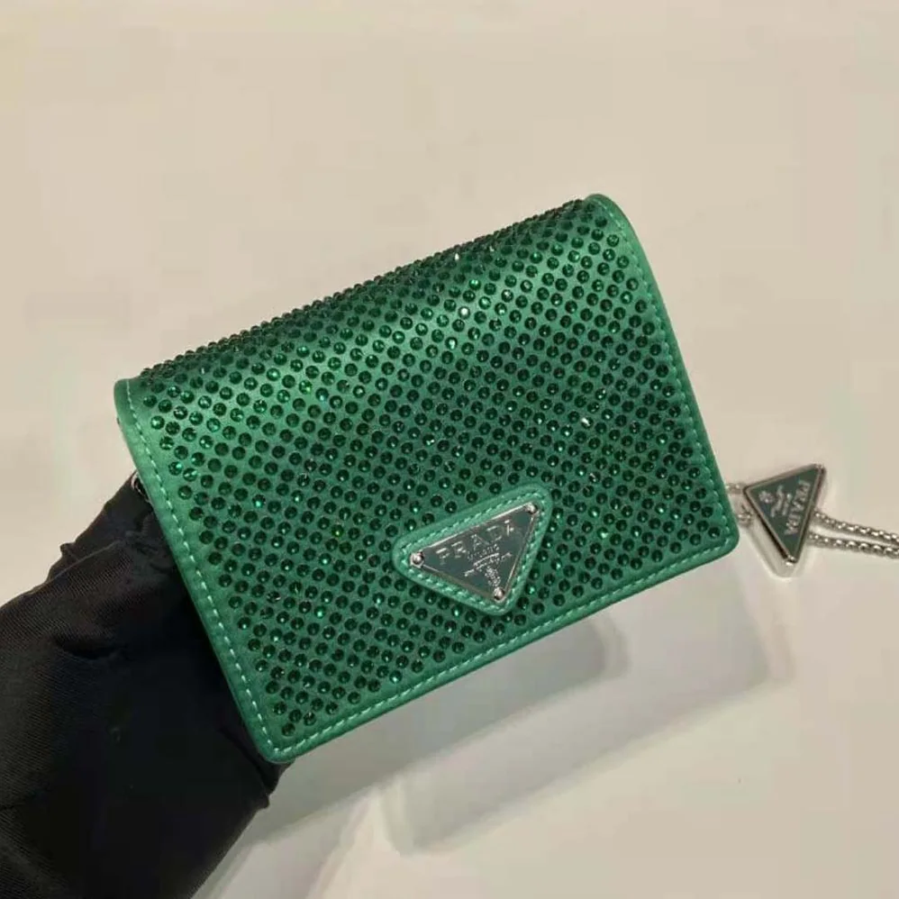 Prada Cardholder with Shoulder Strap and Crystals for Women in Green Prada Cardholder with Shoulder Strap and Crystals for Women in Green