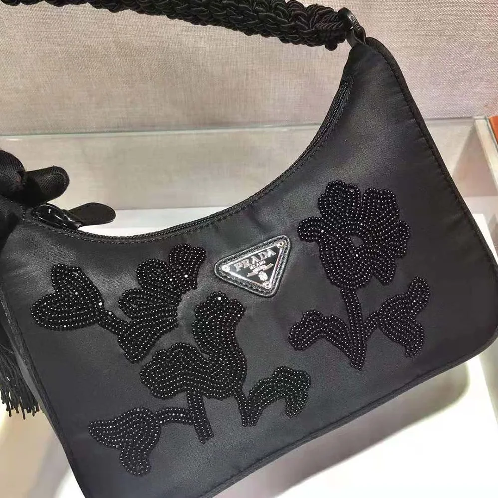 Prada Nylon Bag with Embroidery for Women in Black