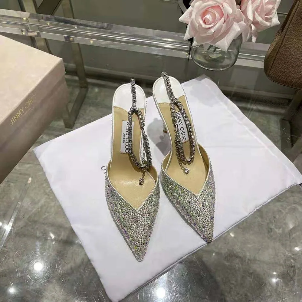 Jimmy Choo Saeda 100 Ivory Satin Pumps with Crystal Embellishment for Women