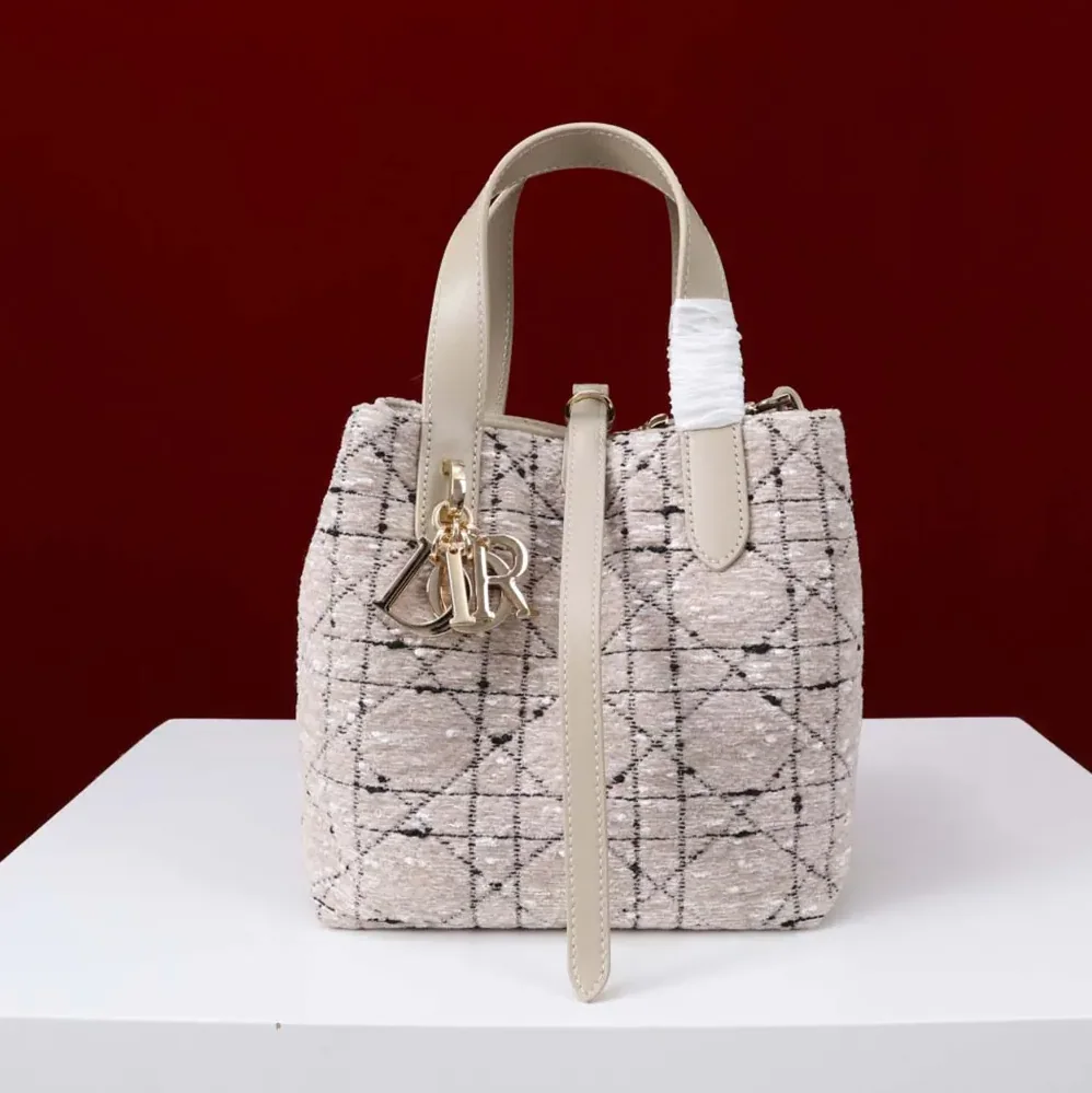 Dior Small Dior Toujours Vertical Tote Bag Beige Tweed with Black Cannage Motif for Women