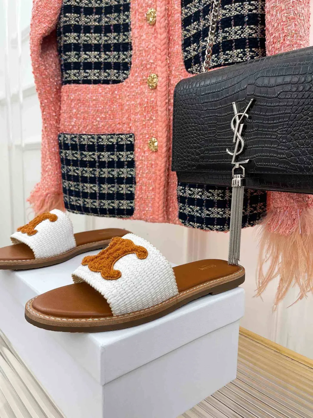 Celine Lympia Flat In Raffia White Celine Lympia Flat In Raffia White