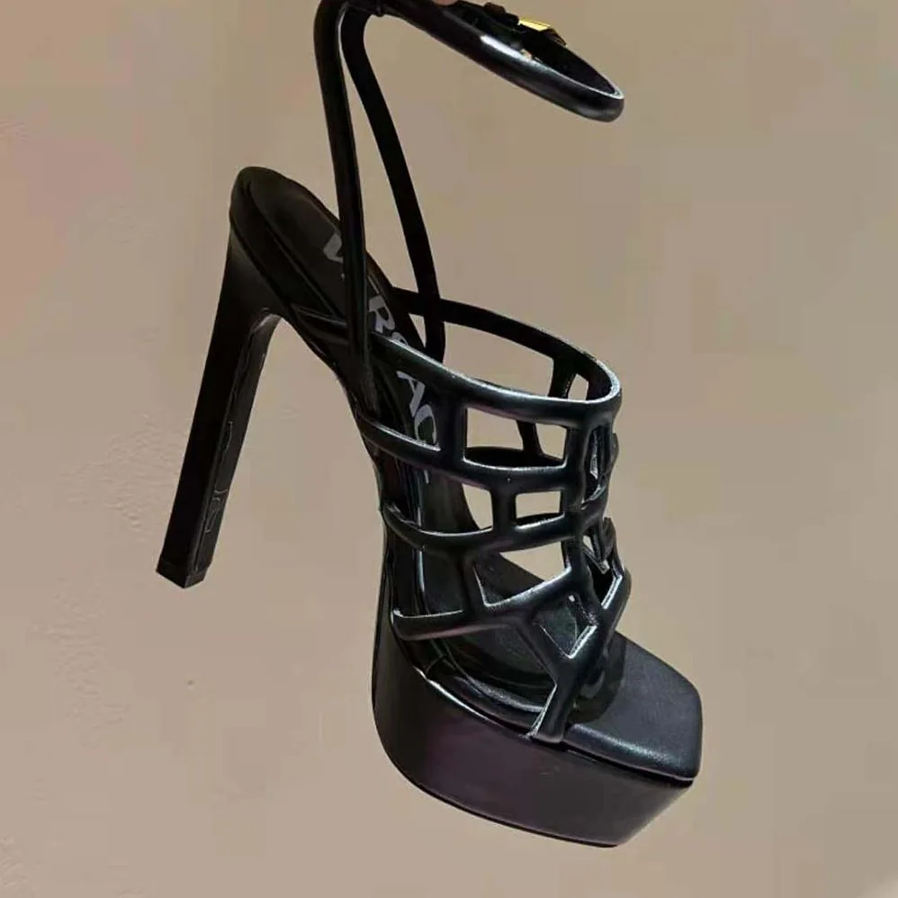 Versace Greca Maze Platform Sandals in 15cm Heel Height for Women in Black