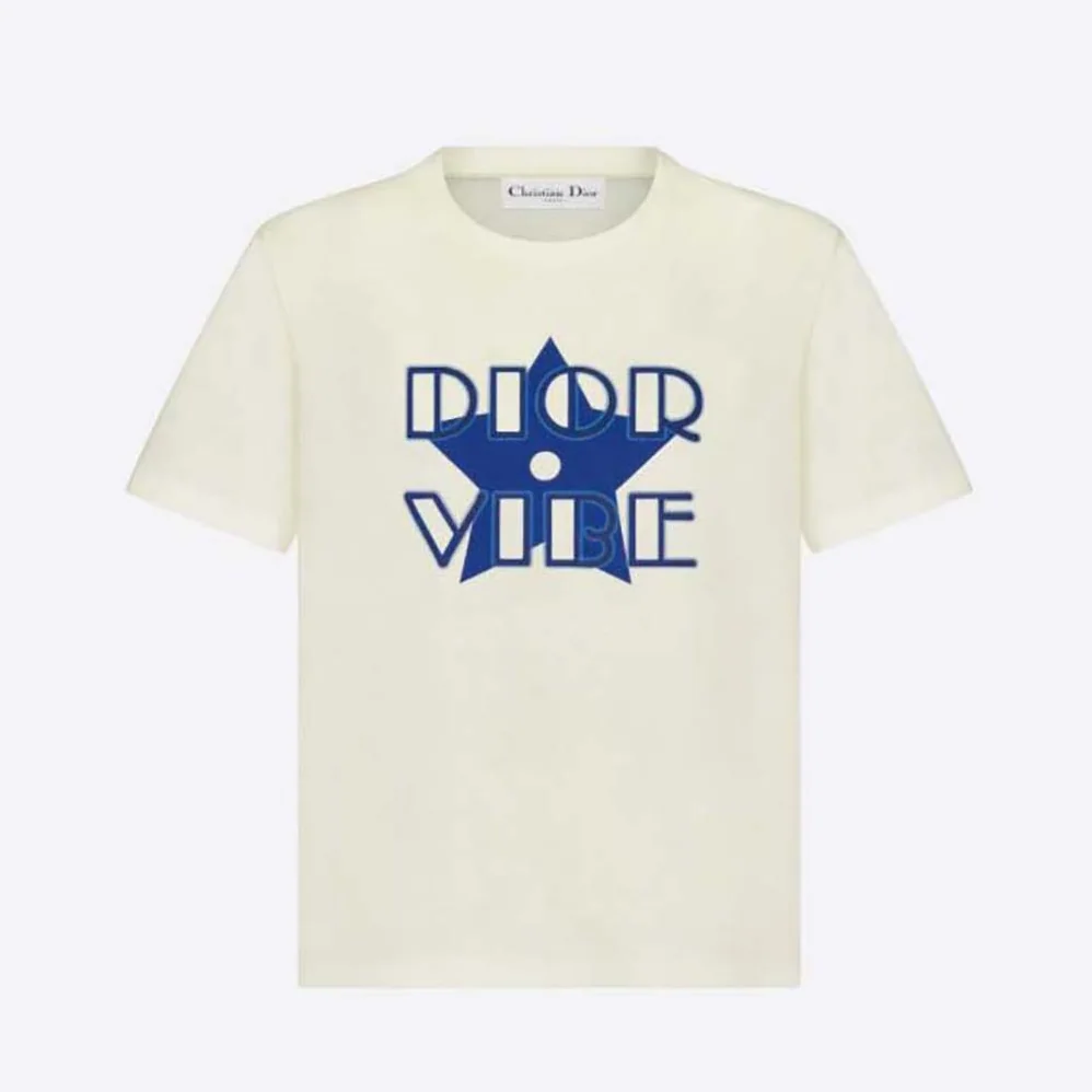 Dior Vibe T-shirt Ecru and Fluorescent Blue Cotton Jersey and Linen for Women