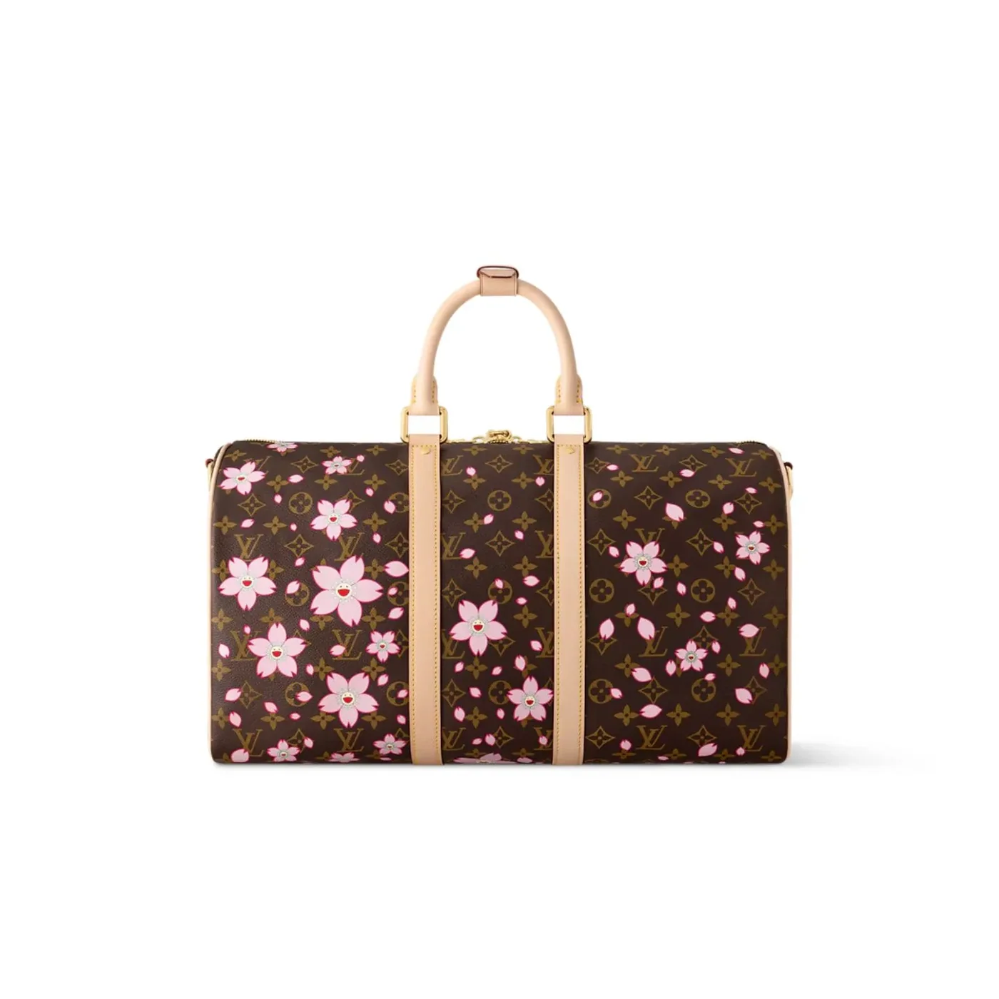 Louis Vuitton LV x Murakami Keepall Bandouliere 45 Travel Bag in Sakura Brown Gold Hardware Louis Vuitton LV x Murakami Keepall Bandouliere 45 Travel Bag in Sakura Brown Gold Hardware