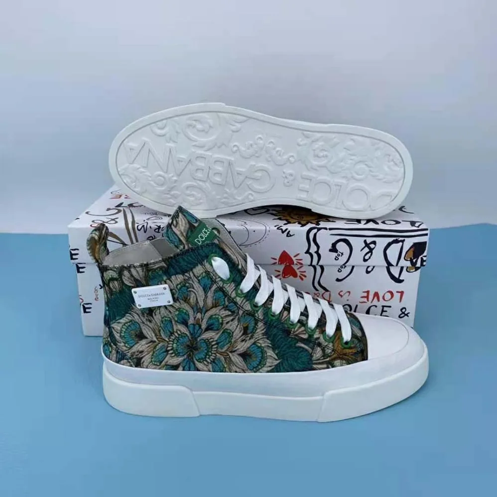 Dolce Gabbana D&G Brocade Portofino Light High-Top Sneakers with Logo Plate for Women
