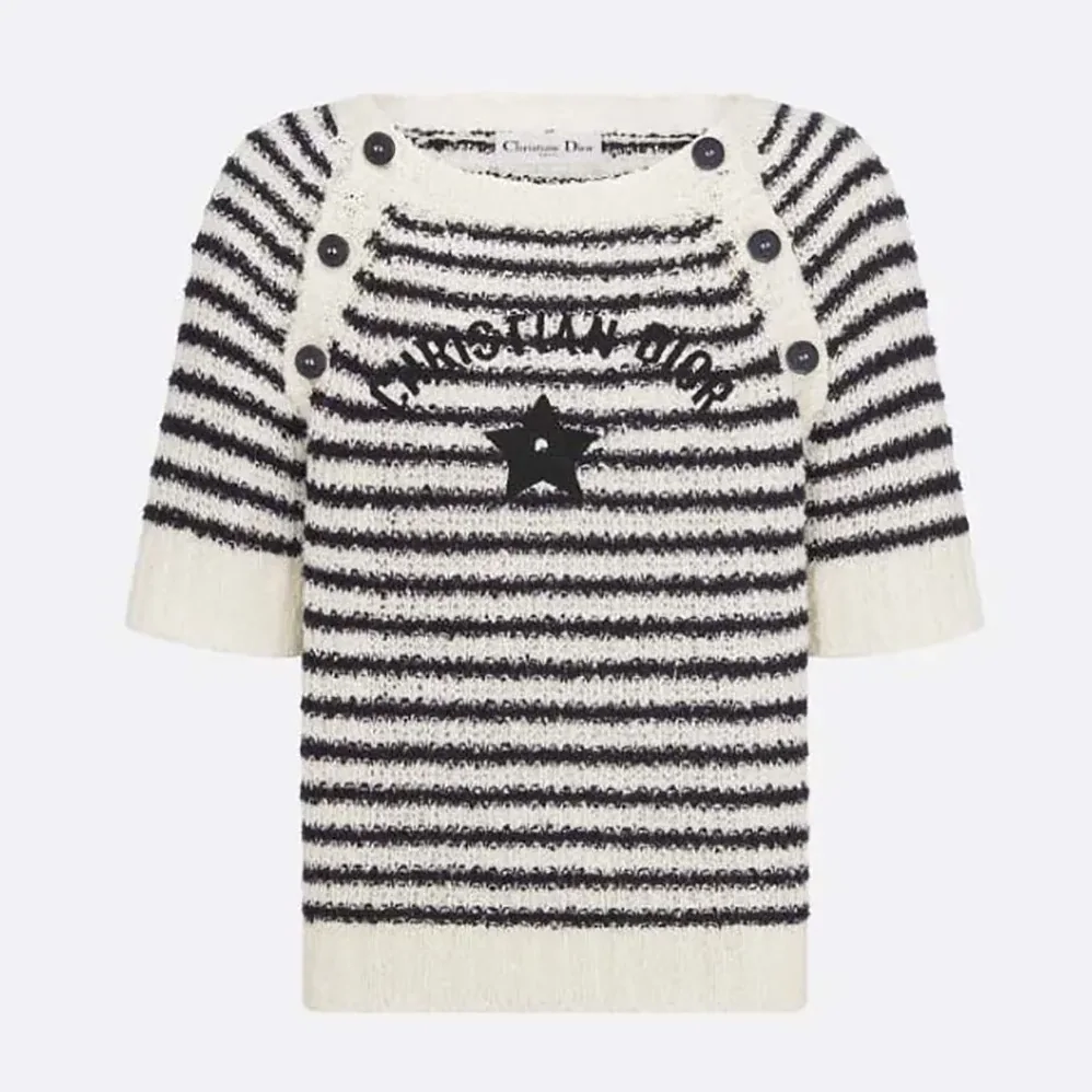 Dior Marinière Short-Sleeved Sweater White and Navy Blue Cotton and Silk Knit for Women Dior Marinière Short-Sleeved Sweater White and Navy Blue Cotton and Silk Knit for Women