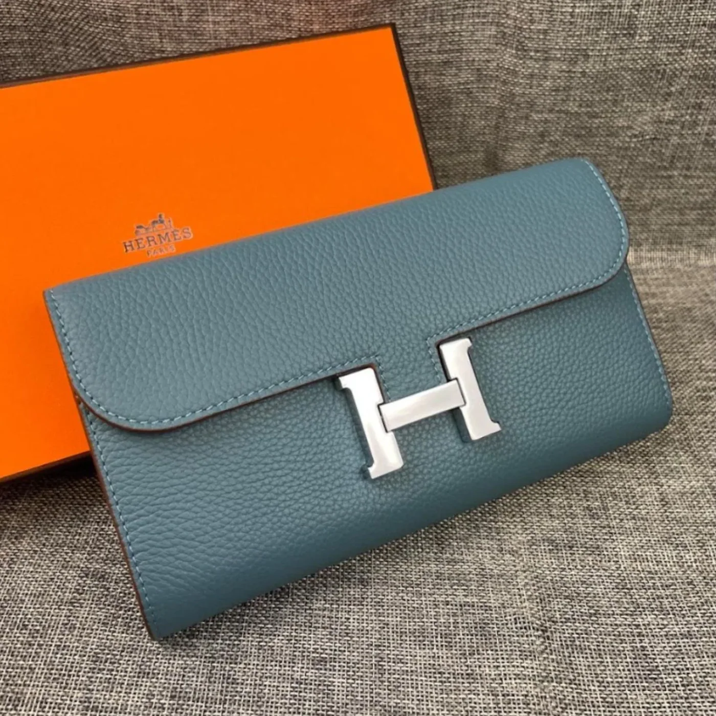 Hermes Constance Togo Long Wallet in Silver Toned Hardware Blue Hermes Constance Togo Long Wallet in Silver Toned Hardware Blue