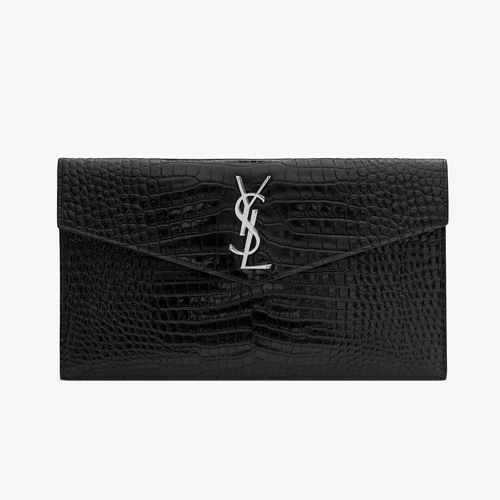 Saint Laurent YSL Uptown Pouch in Crocodile Embossed Shiny Leather for Women in Silver