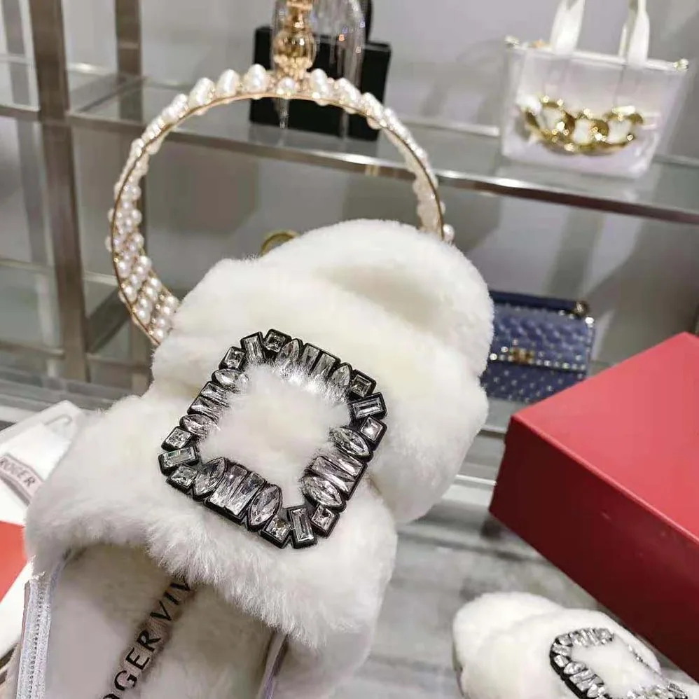 Roger Vivier Viv' Winter Fur Strass Buckle Sandals in Sheepskin for Women in White