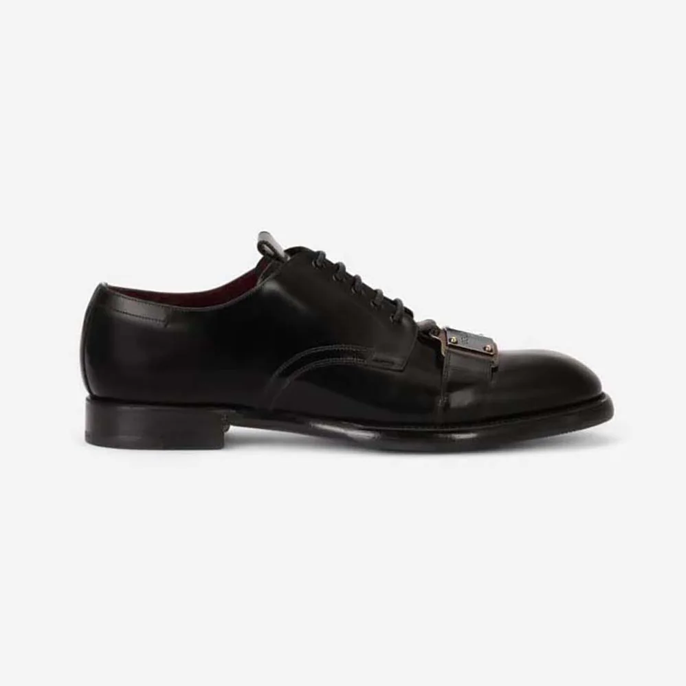 Dolce Gabbana D&G Brushed Calfskin Derby Shoes with Branded Plate for Men