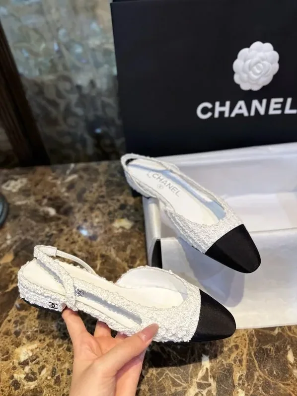 Chanel Sling Back Tweed Sandals White Chanel Sling Back Tweed Sandals White