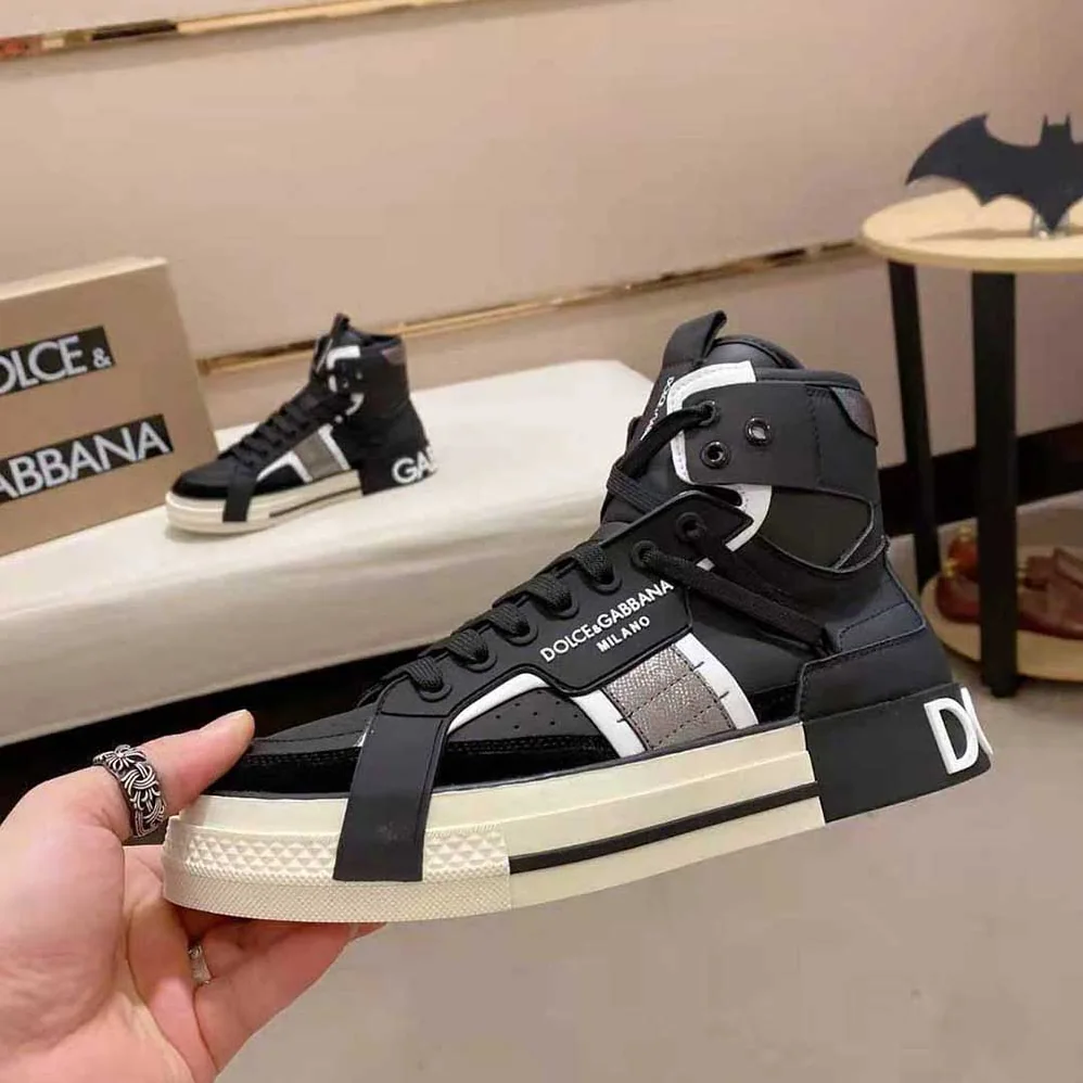 Dolce Gabbana D&G Calfskin 2.Zero Custom High-Top Sneakers with Contrasting Details for Men in Black
