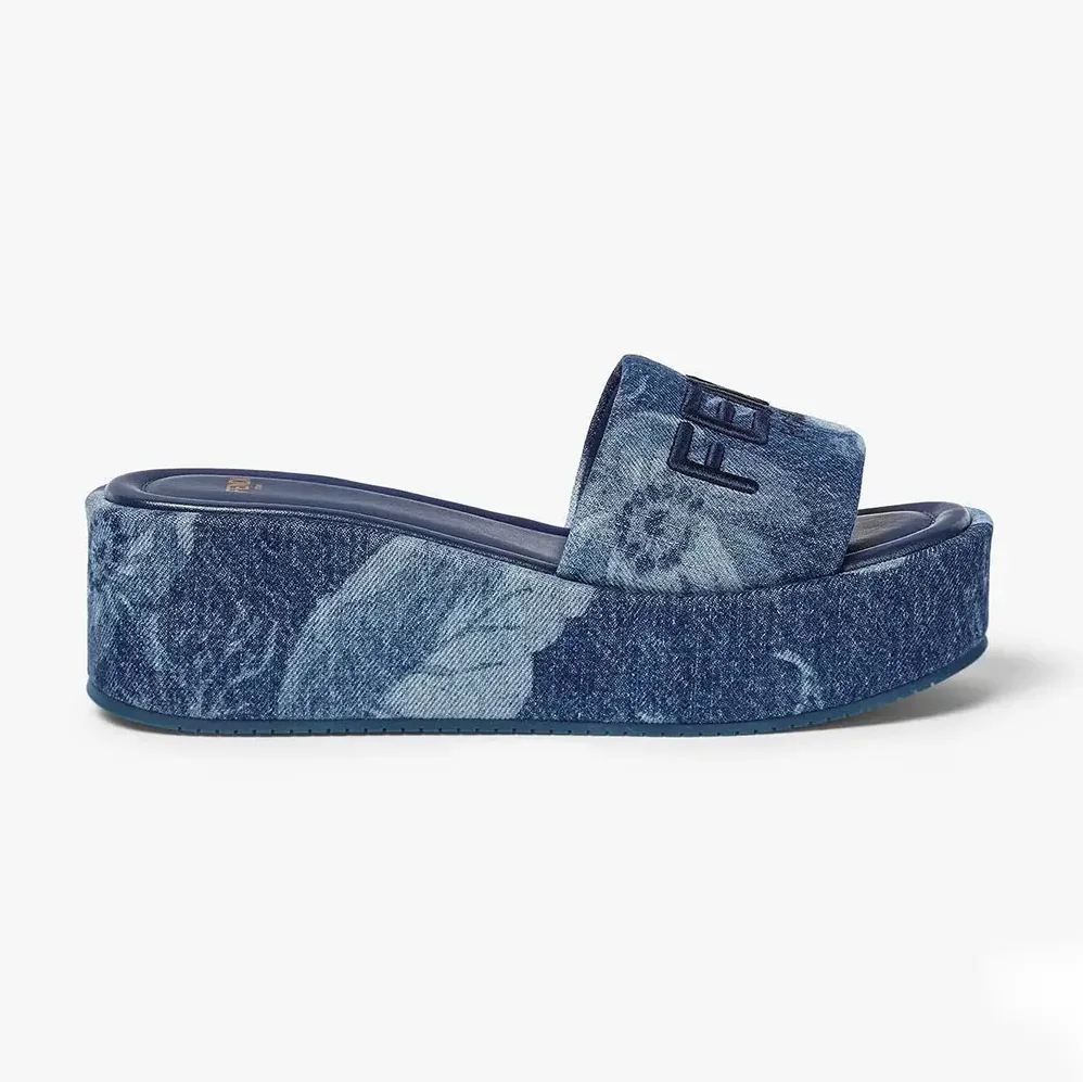 Fendi Sunshine Blue Denim Flatform Slides for Women Fendi Sunshine Blue Denim Flatform Slides for Women