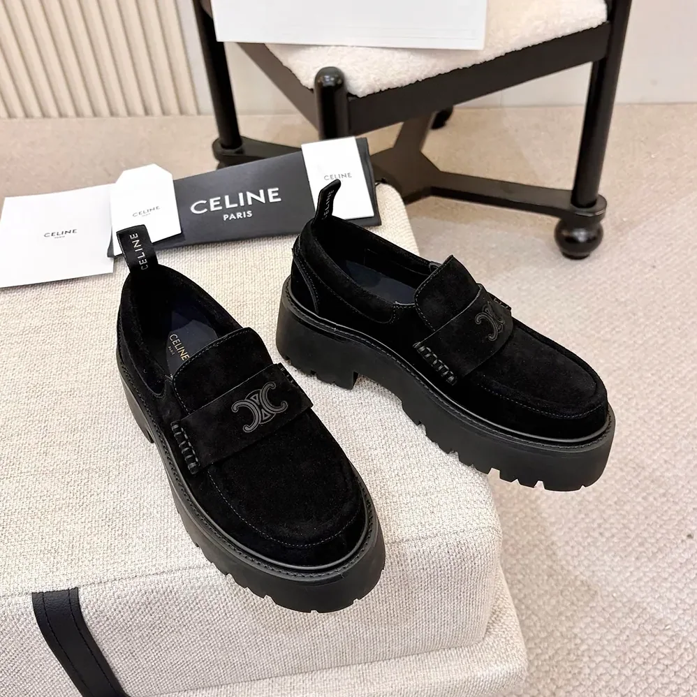 Celine Triomphe Loafers in Suede Calfskin for Women in Black Celine Triomphe Loafers in Suede Calfskin for Women in Black