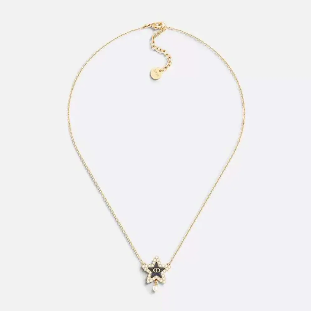Dior Petit CD Lucky Baroque Necklace Gold-Finish Metal with White Resin Pearls and Deep Ocean Blue Glass for Women Dior Petit CD Lucky Baroque Necklace Gold-Finish Metal with White Resin Pearls and Deep Ocean Blue Glass for Women