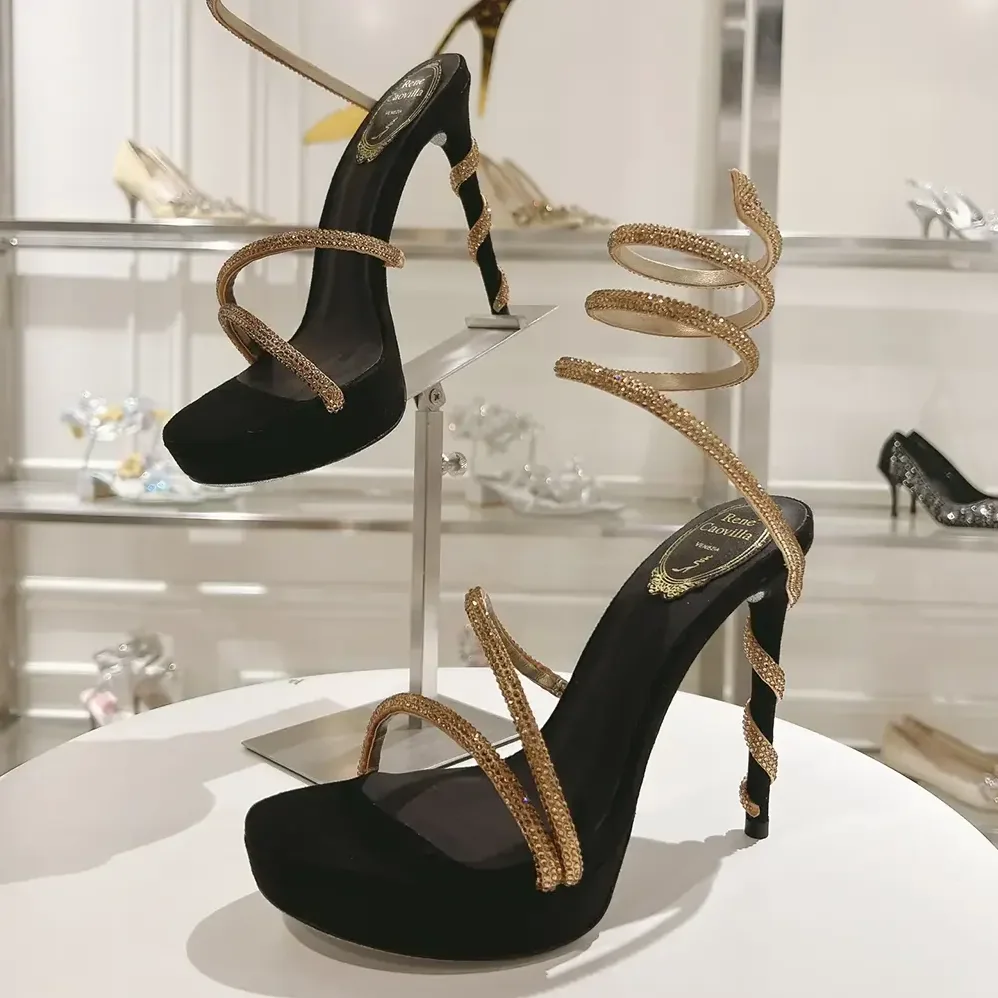 Rene Caovilla Margot Crystal Black-gold Platform Sandal 130 for Women Rene Caovilla Margot Crystal Black-gold Platform Sandal 130 for Women
