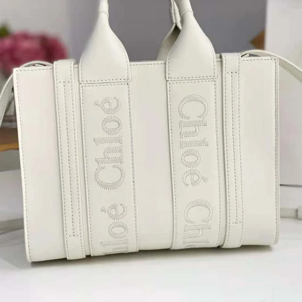 Chloe Mini Woody Tote Bag with Embroidered Chloé Logo for Women in White