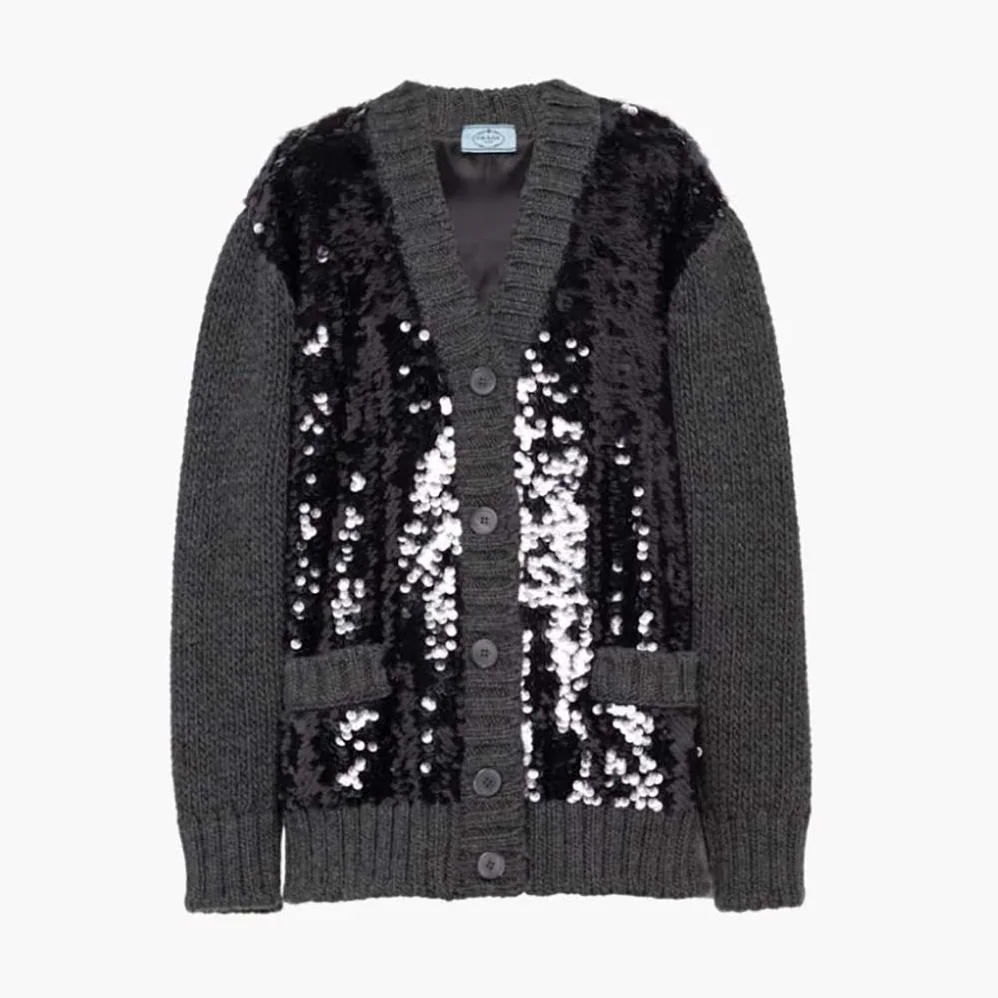 Prada Sequin Embellished Wool Cardigan for Women in Silver Prada Sequin Embellished Wool Cardigan for Women in Silver