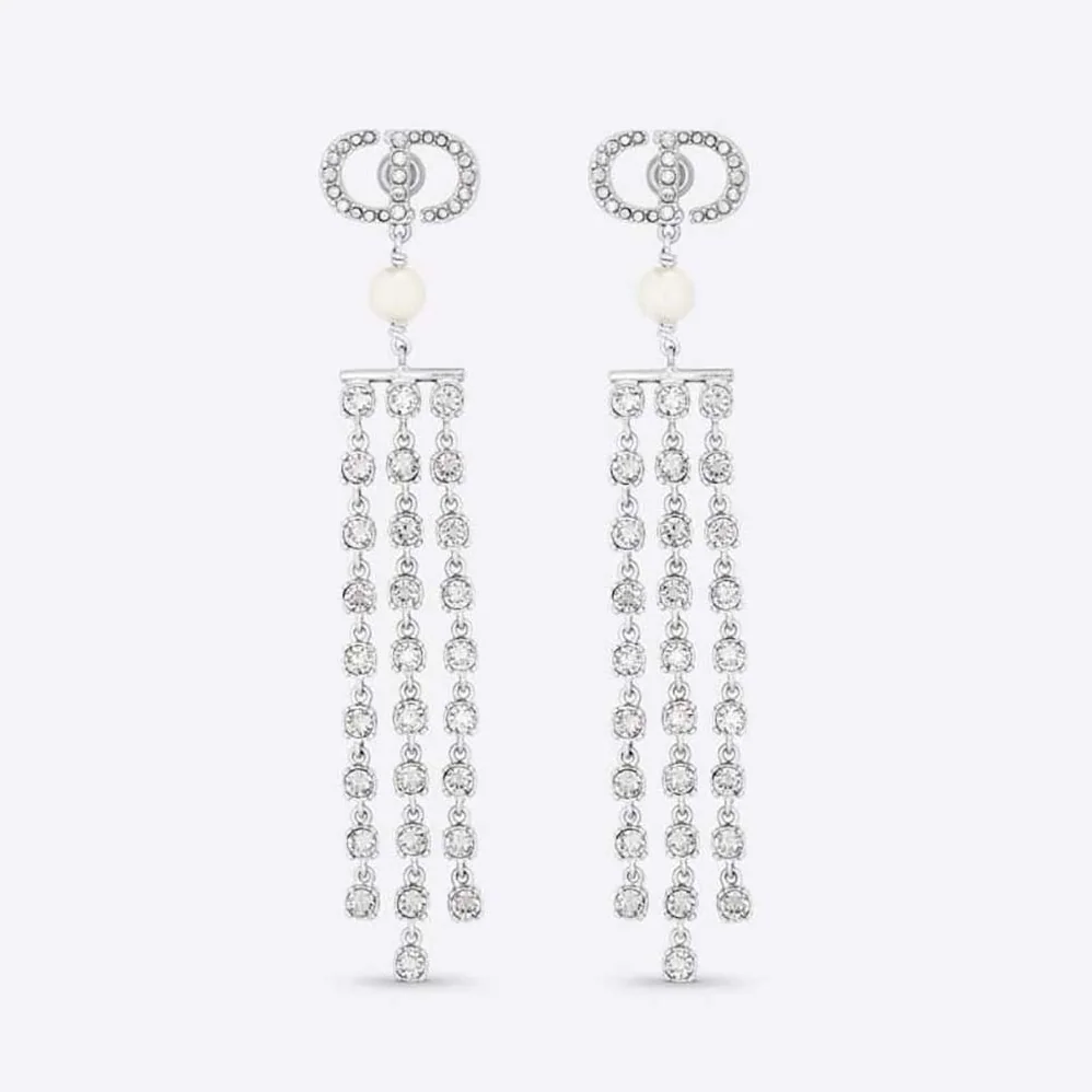 Dior 30 Montaigne Earrings Silver-Finish Metal with White Resin Pearls and Silver for Women in Tone Crystals