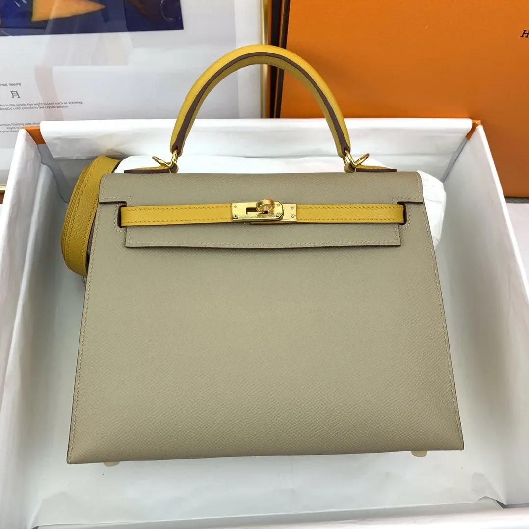 Hermes Kelly 25 Sellier Epsom Greige in Yellow Bag