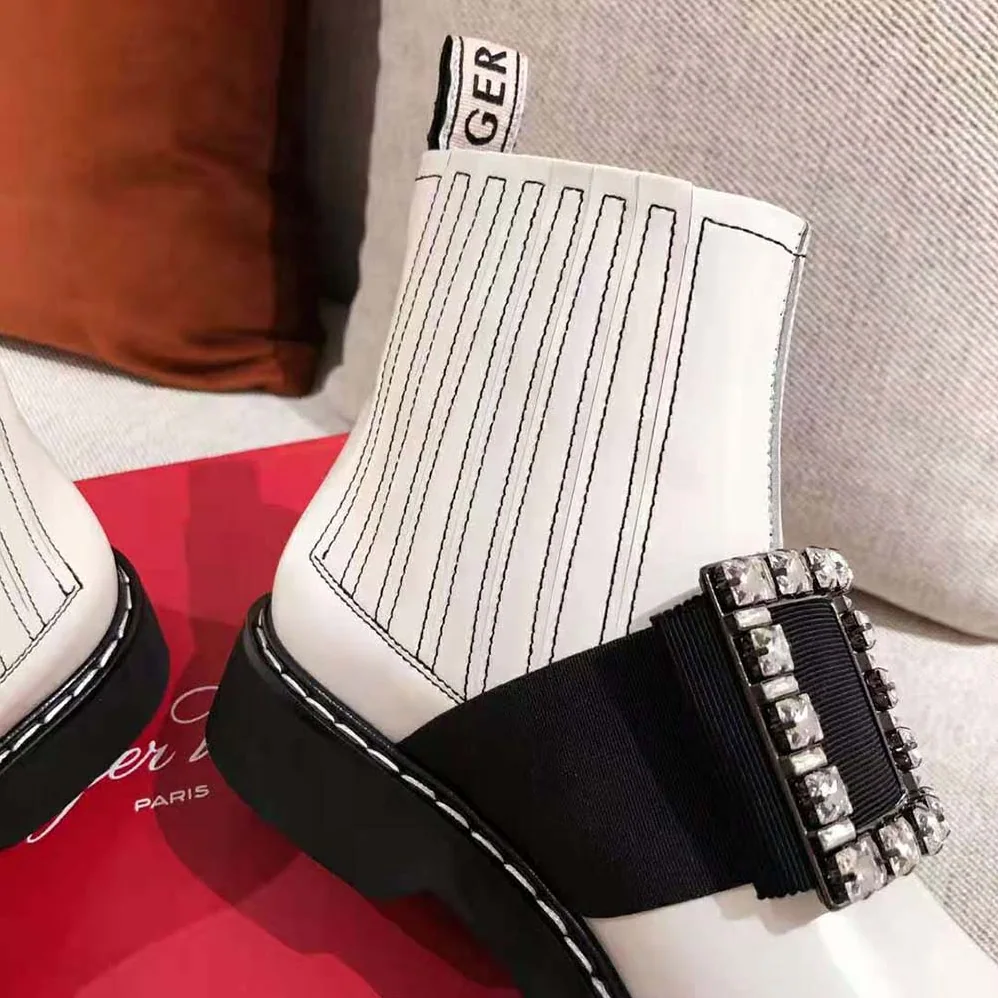 Roger Vivier Viv' Rangers Stitch Strass Buckle Booties in Leather for Women in White Roger Vivier Viv' Rangers Stitch Strass Buckle Booties in Leather for Women in White