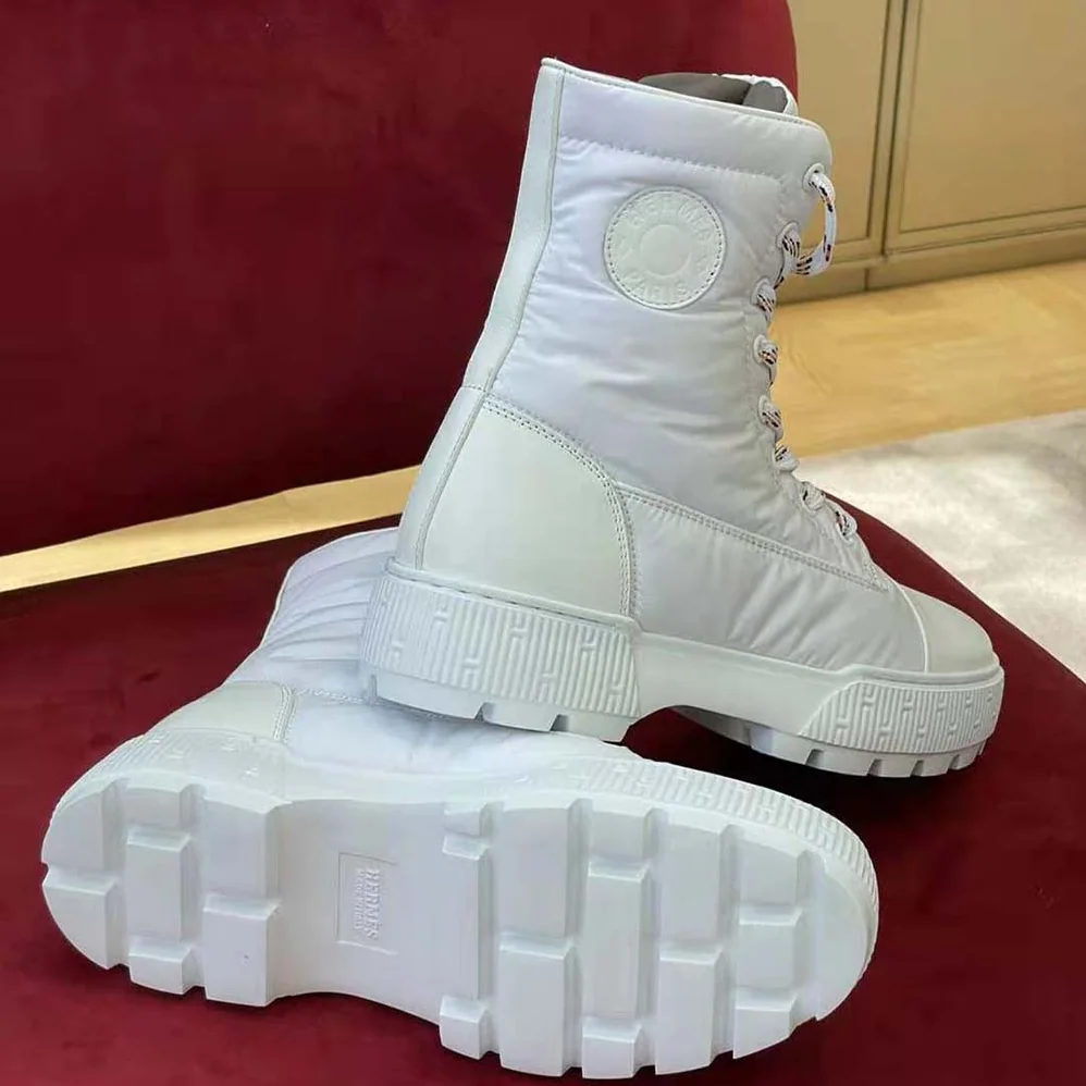 Hermes Fresh Ankle Boot in Calfskin and Light Parachute Fabric with Rubber Sole for Unisex in White
