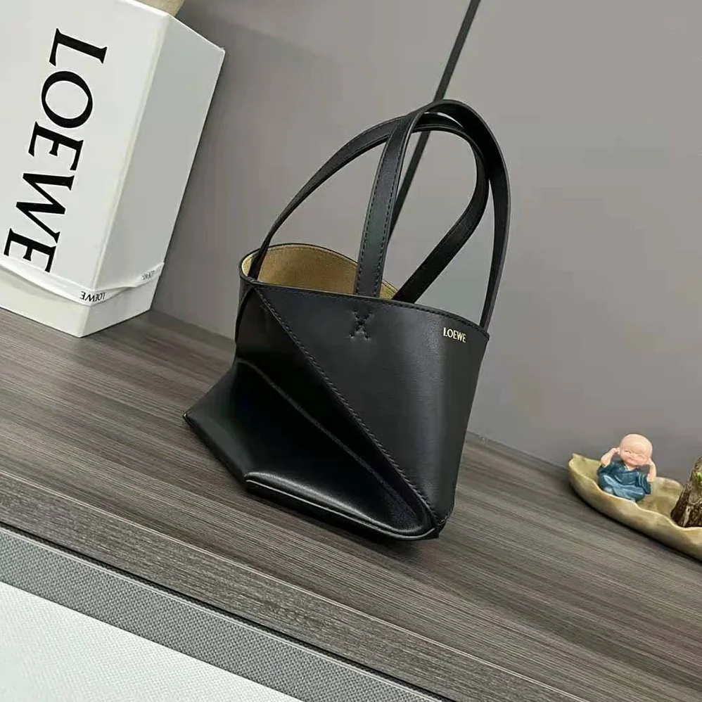 Loewe Mini Puzzle Fold Tote in Shiny Calfskin for Unisex in Black