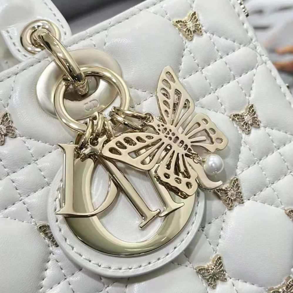 Dior Medium Lady D-joy Bag White Cannage Lambskin with Gold for Women in Finish Butterfly Studs Dior Medium Lady D-joy Bag White Cannage Lambskin with Gold for Women in Finish Butterfly Studs