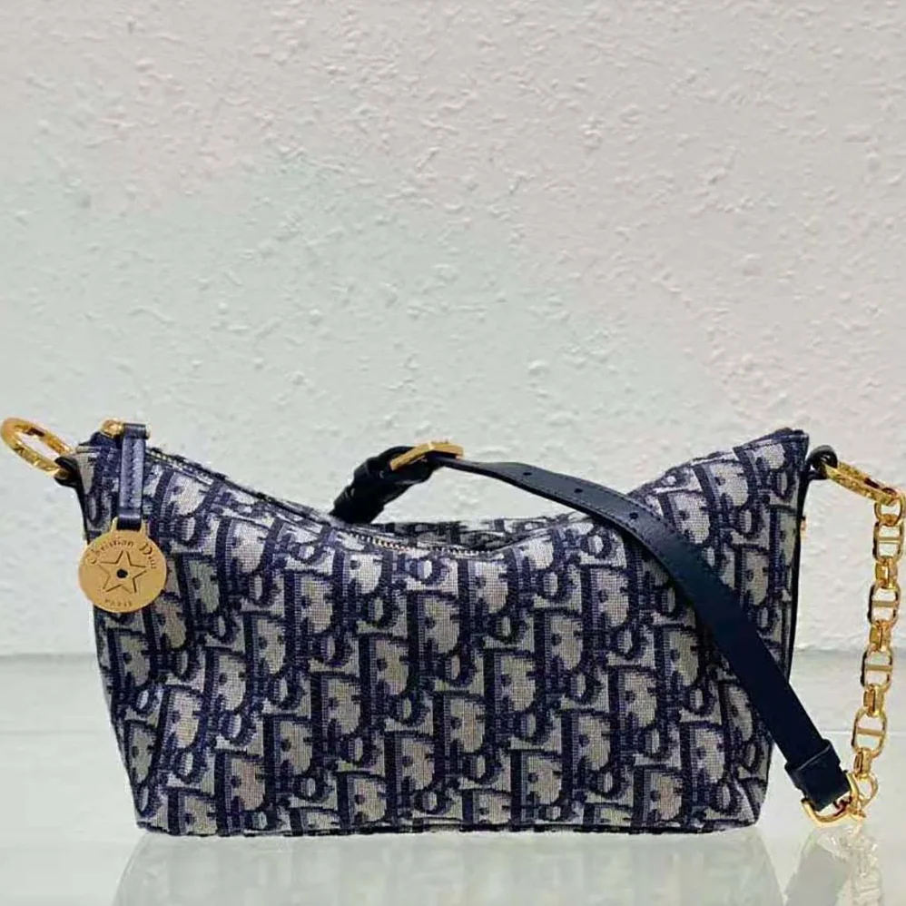 Dior Diorstar Hobo Bag with Chain Blue Dior Oblique Jacquard for Women