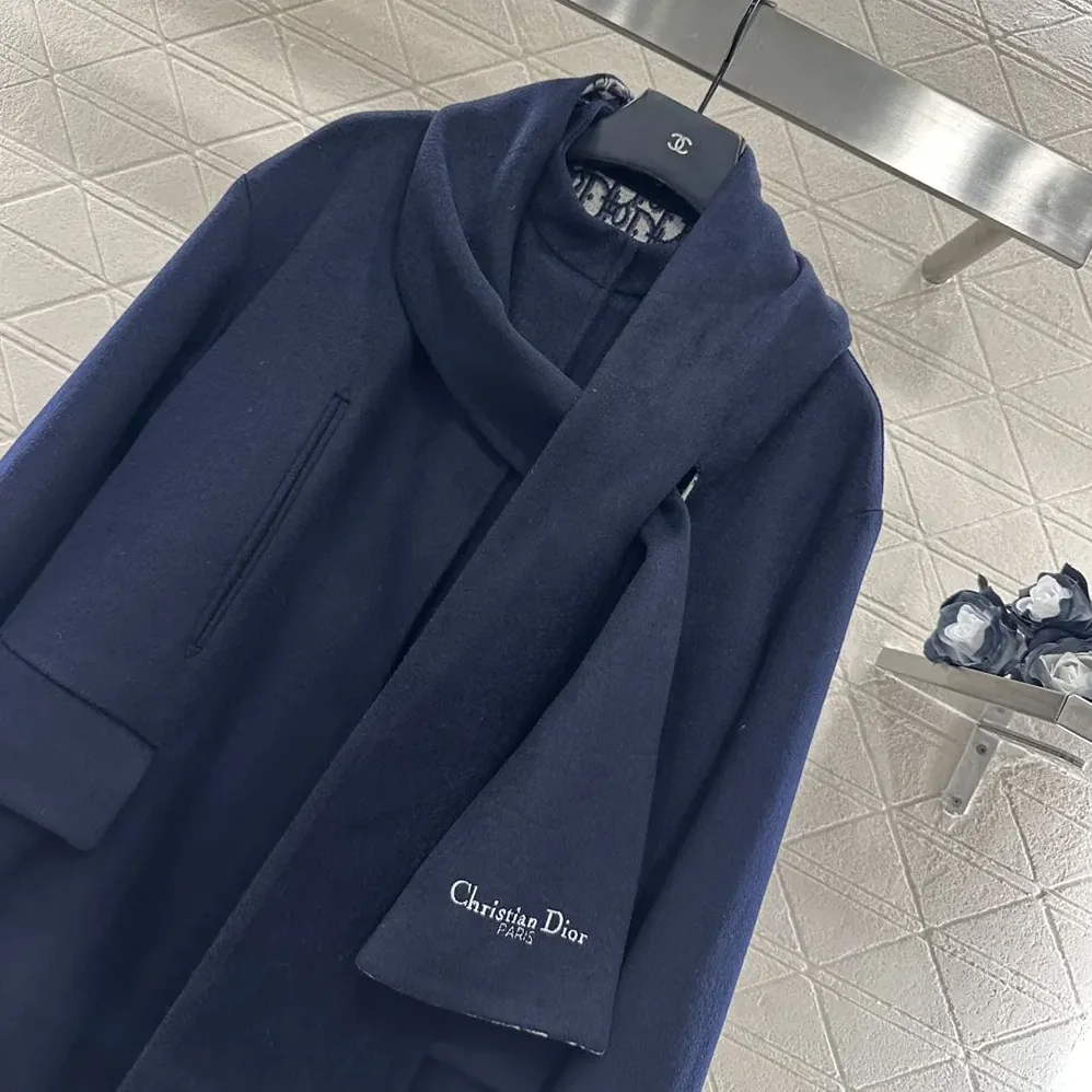 Dior Coat with Scarf Collar Navy Blue Double-Sided Virgin Wool and Silk for Women