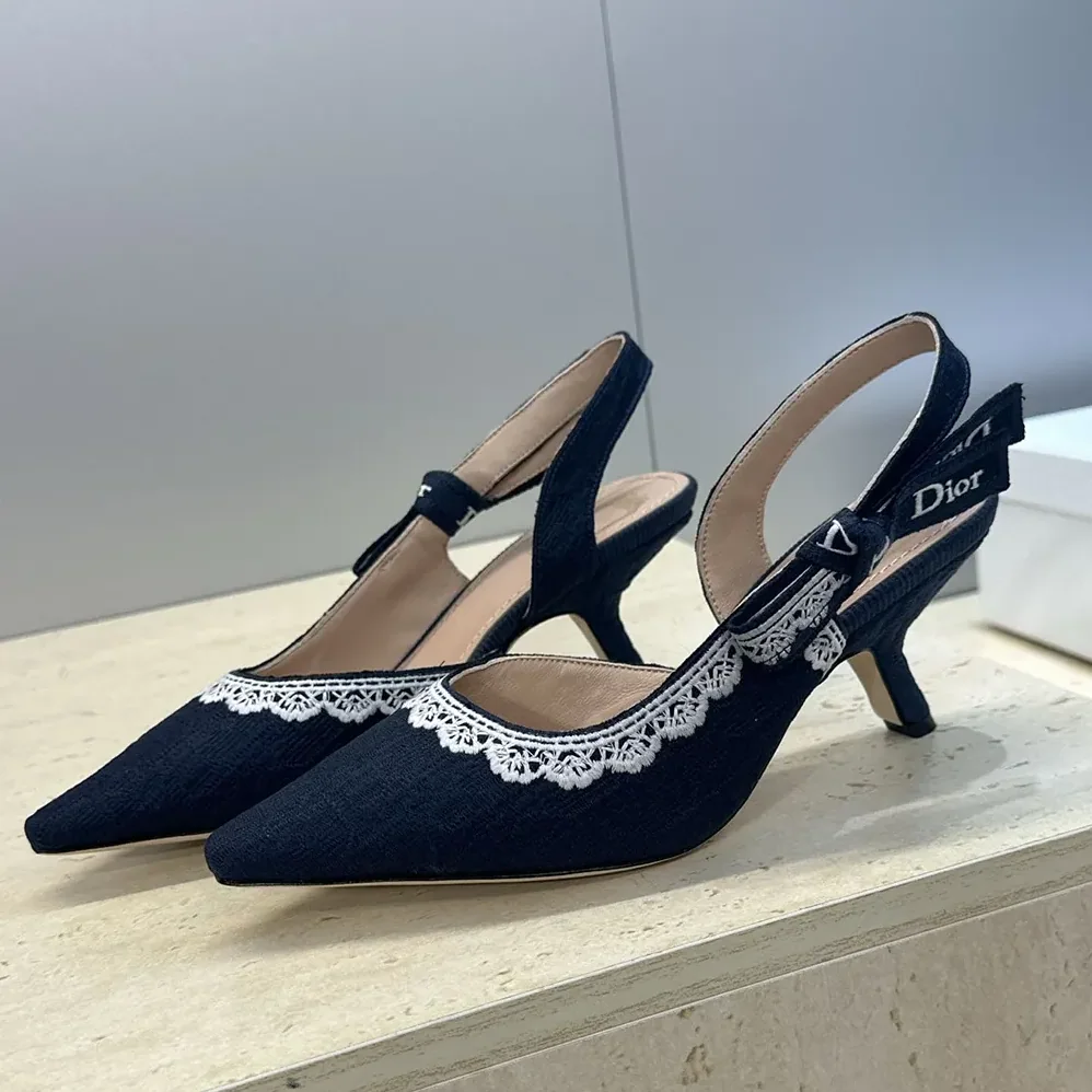 Dior J'Adior Slingback Pump Blue Dior Oblique Embroidered Cotton and White Lace for Women Dior J'Adior Slingback Pump Blue Dior Oblique Embroidered Cotton and White Lace for Women