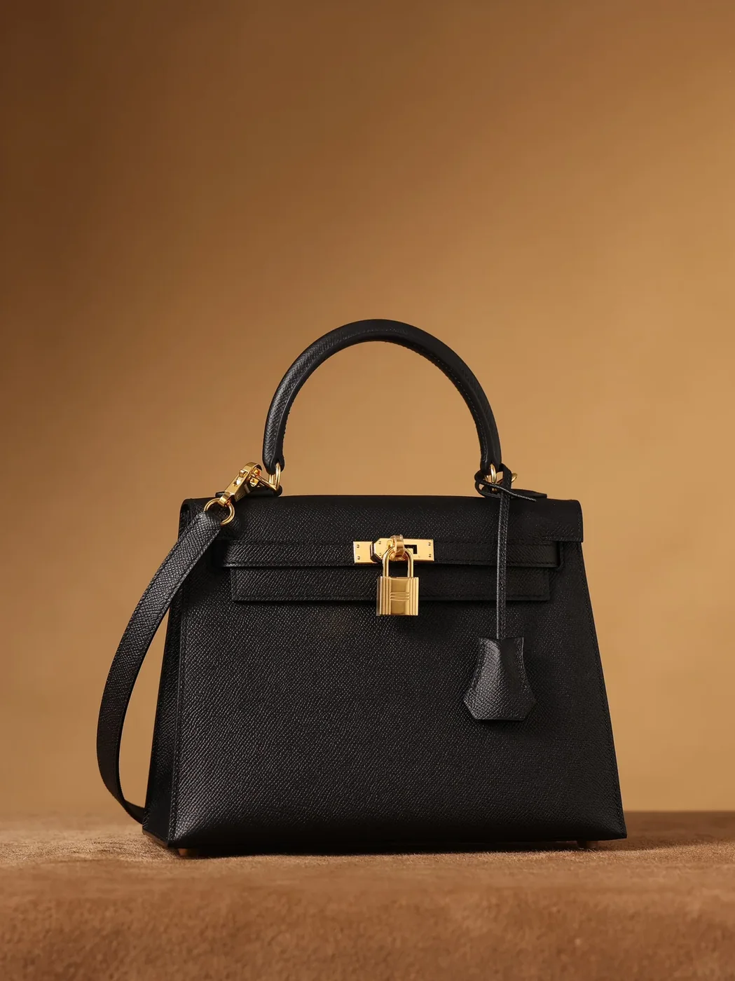 Hermes Kelly Epsom Gold Tone Lock Bag Black 9,/