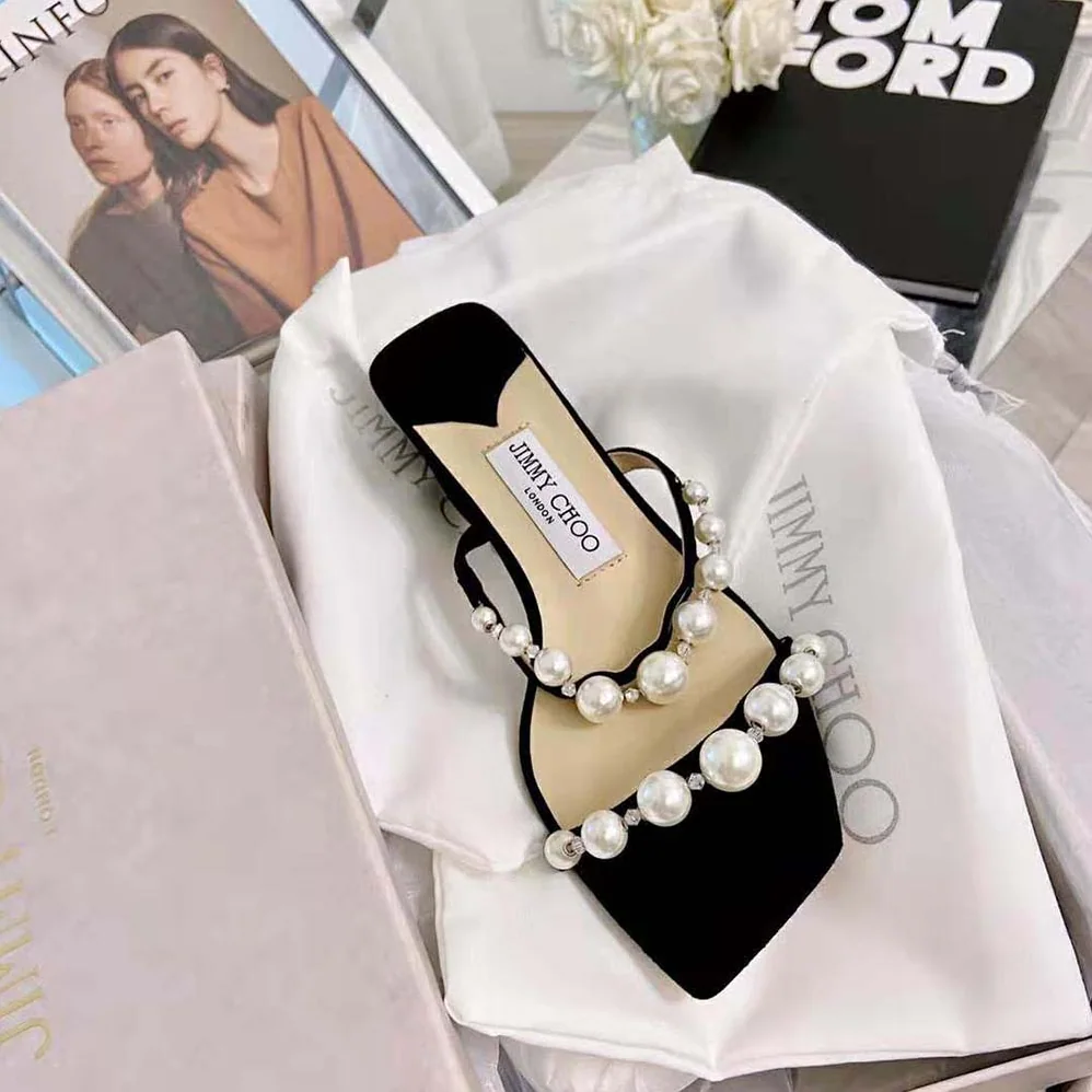 Jimmy Choo Amara 45 Black Suede Mules with Pearl Embellishment for Women Jimmy Choo Amara 45 Black Suede Mules with Pearl Embellishment for Women