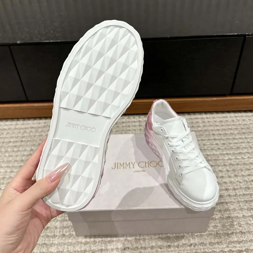 Jimmy Choo Diamond Maxi/F II White & Rose Nappa Leather Glitter Trainers for Women Jimmy Choo Diamond Maxi/F II White & Rose Nappa Leather Glitter Trainers for Women