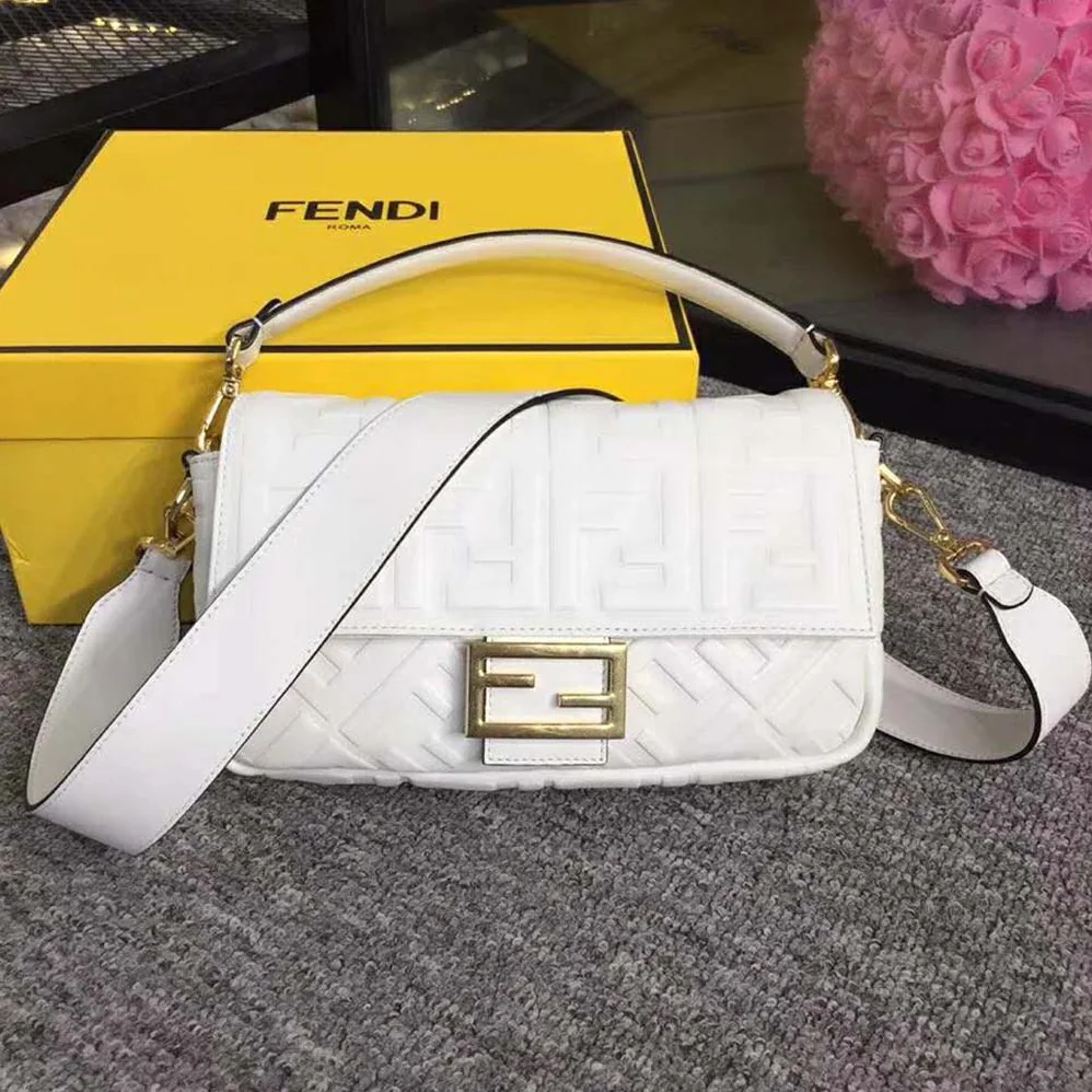 Fendi Iconic Baguette Leather Bag in Medium Size for Women in White