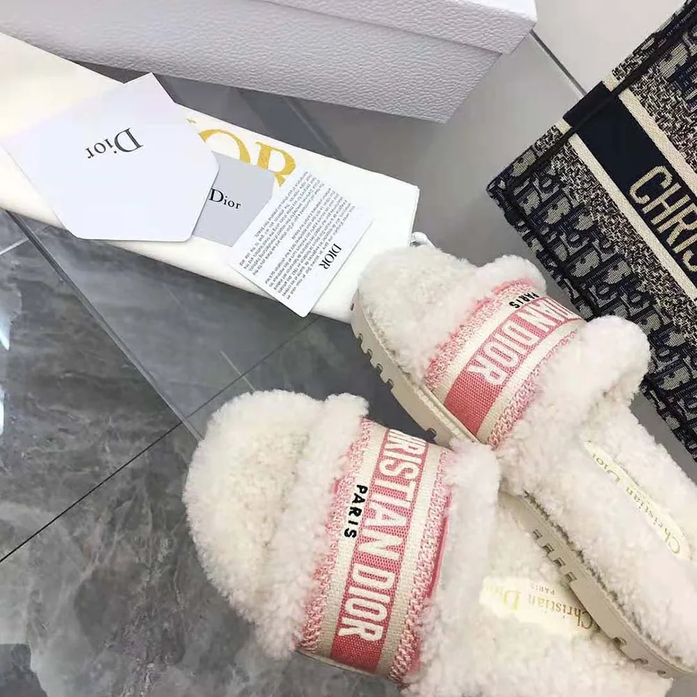 Dior Dway Slide Peony Pink Embroidered Cotton and White Shearling for Women