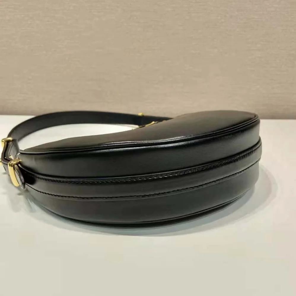 Prada Leather Shoulder Bag with Enameled Metal Triangle Logo for Women in Black