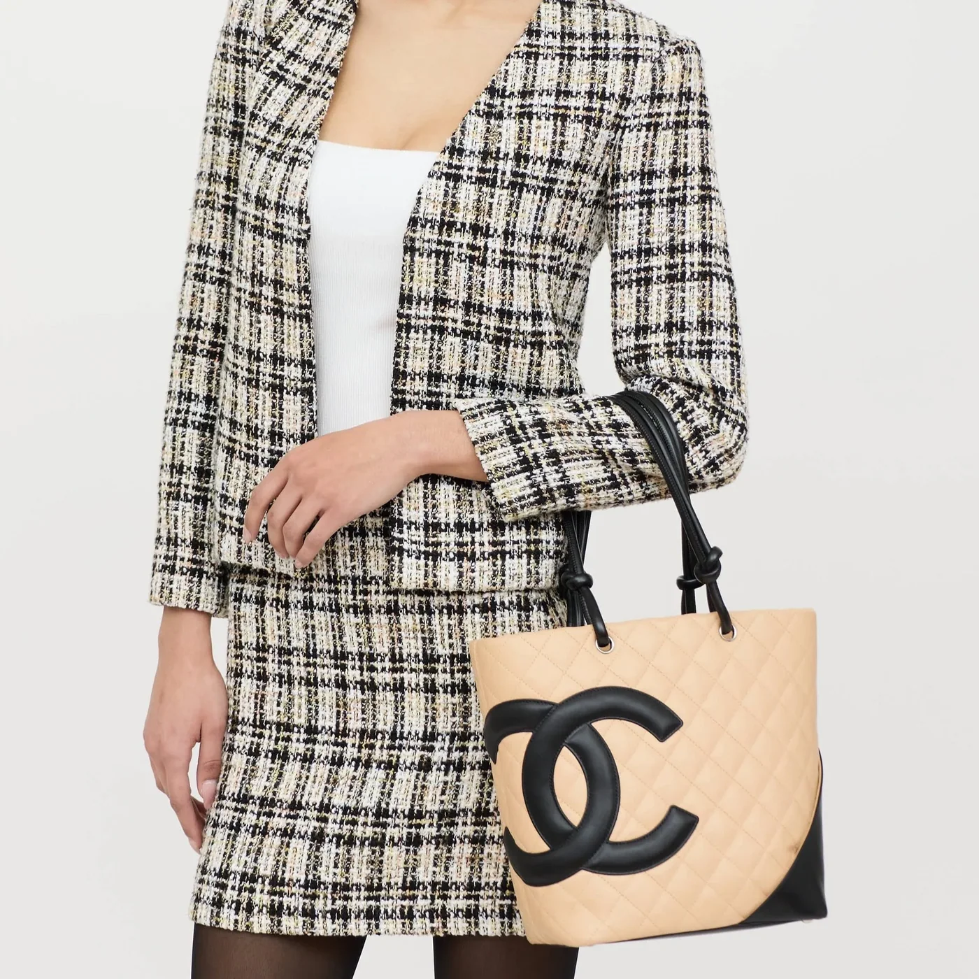 Chanel Cambon Ligne Medium Tote Bag in Beige/ Black Silver Hardware