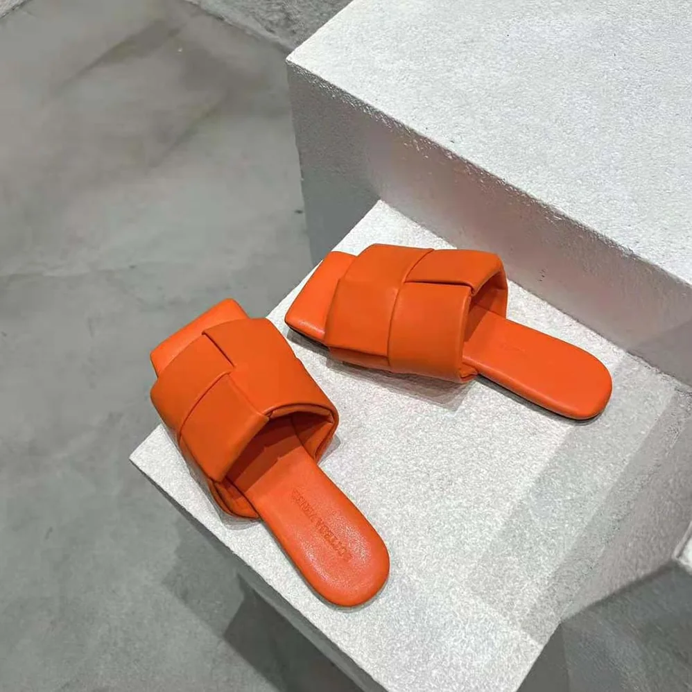 Bottega Veneta Patch Flat Mule Padded Intreccio Leather Flat Mules for Women in Orange