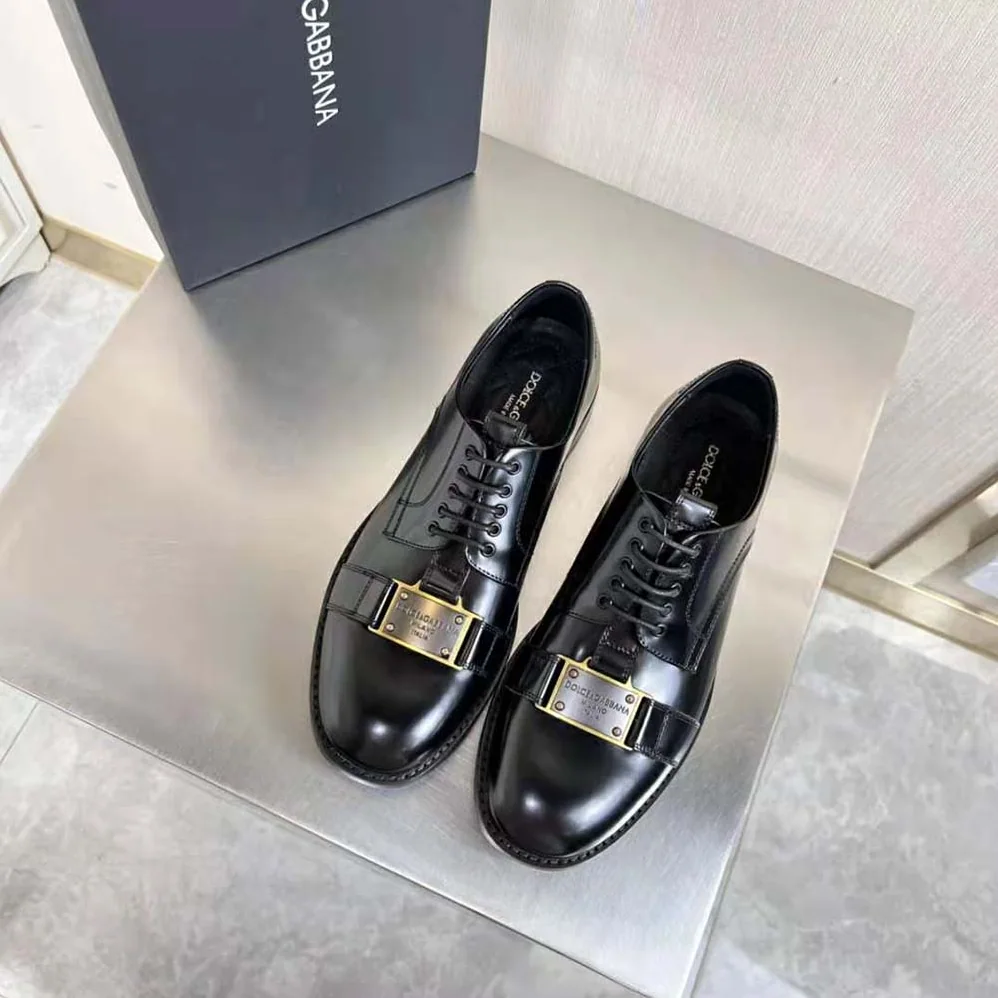 Dolce Gabbana D&G Brushed Calfskin Derby Shoes with Branded Plate for Men