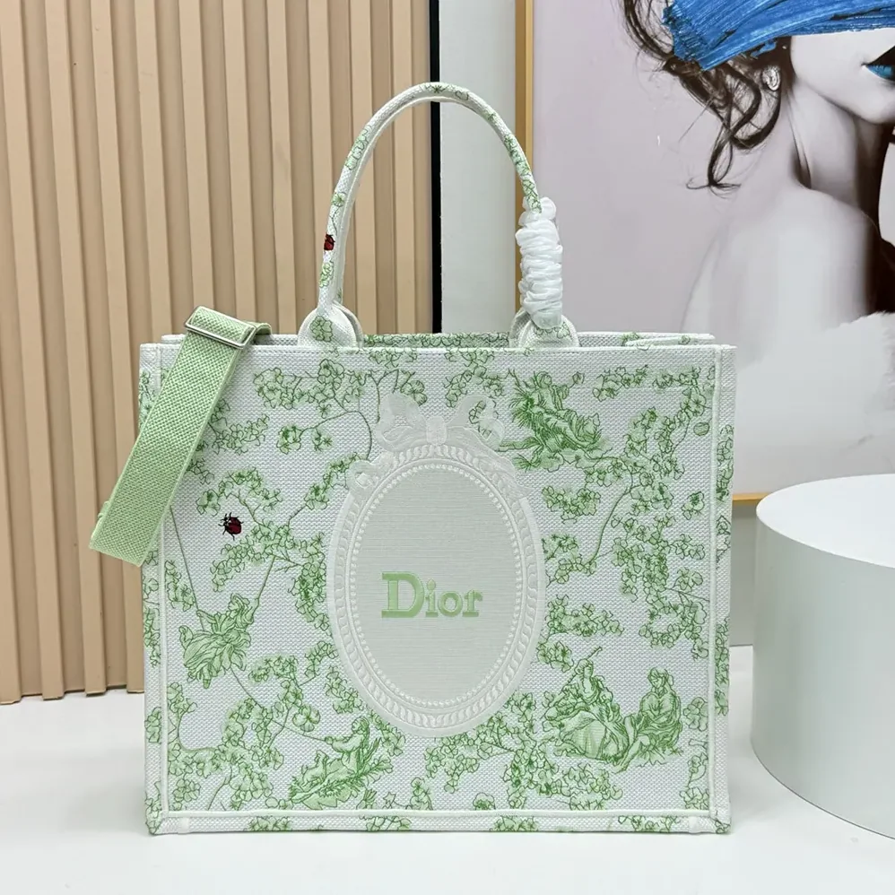 Dior Medium Dior Book Tote with Strap Green Multicolor Toile de Jouy Clover Embroidery for Women