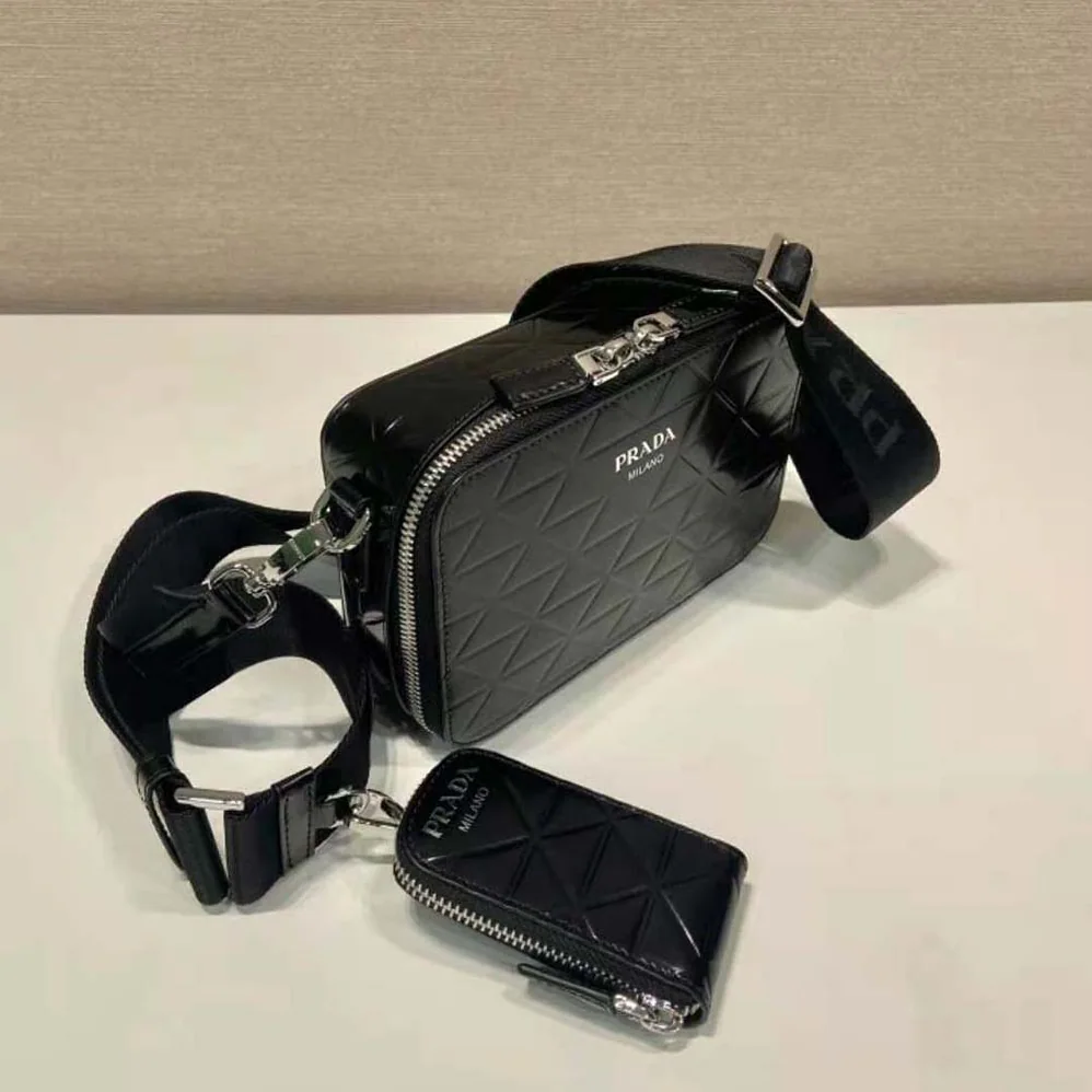 Prada Brique Brushed Leather Bag with Triangle Motif for Men in Black