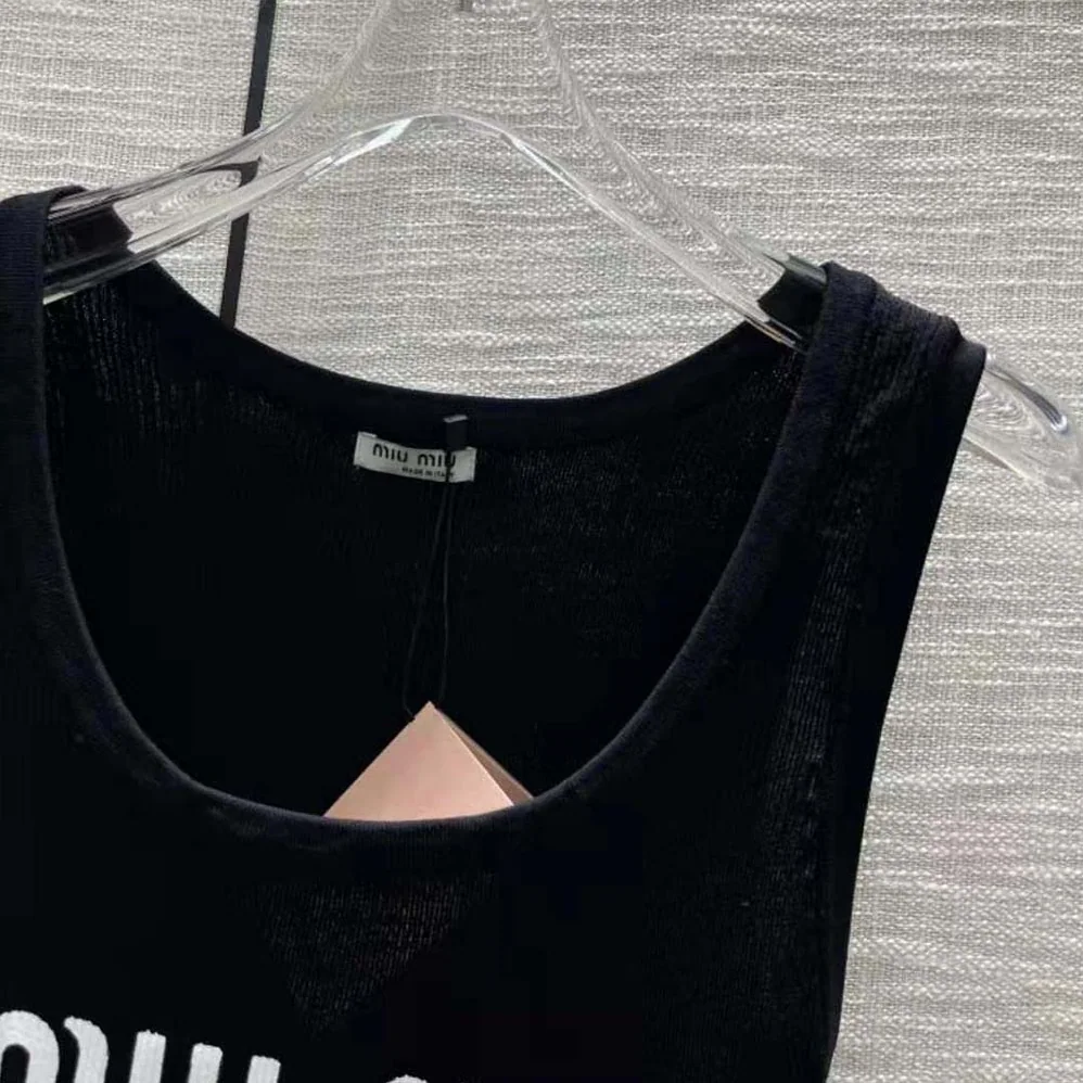 Miu Miu Viscose Top with Intarsia Logo for Women in Black
